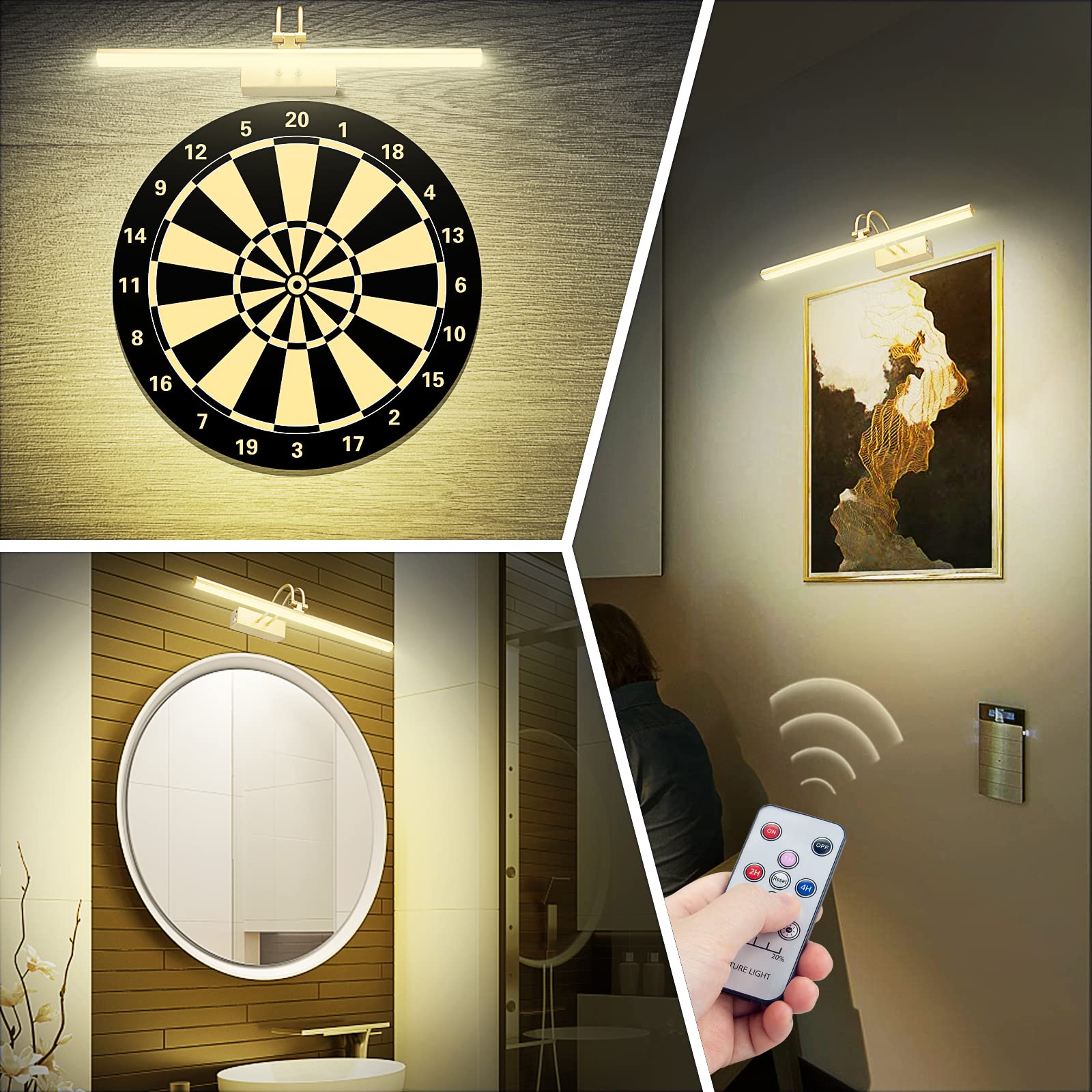 Raifoolly Picture Light,13In Battery Operated Art Lights For Paintings,Remote Display Accent Light With Timer And Dimmable For Wall,Frame, Portrait, Dartboard-Gold