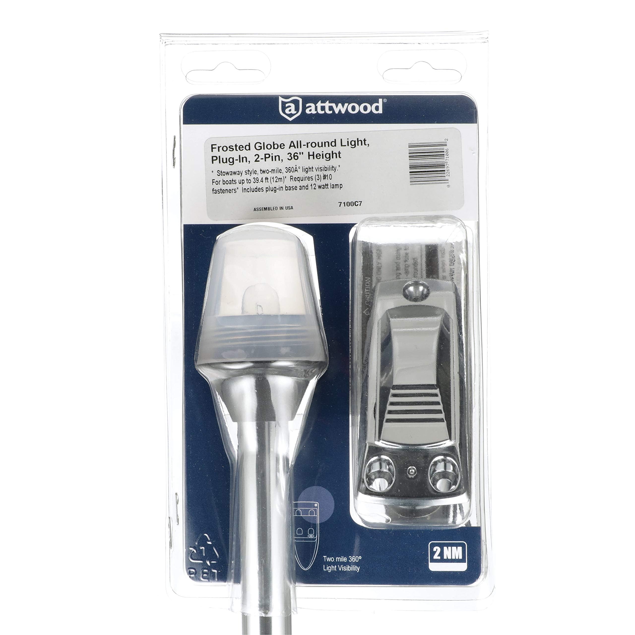 Attwood Stowaway Light - 36-Inch Pole, 2-Mile 360-Degree Illumination, Silver, Model 7100C7, One Size
