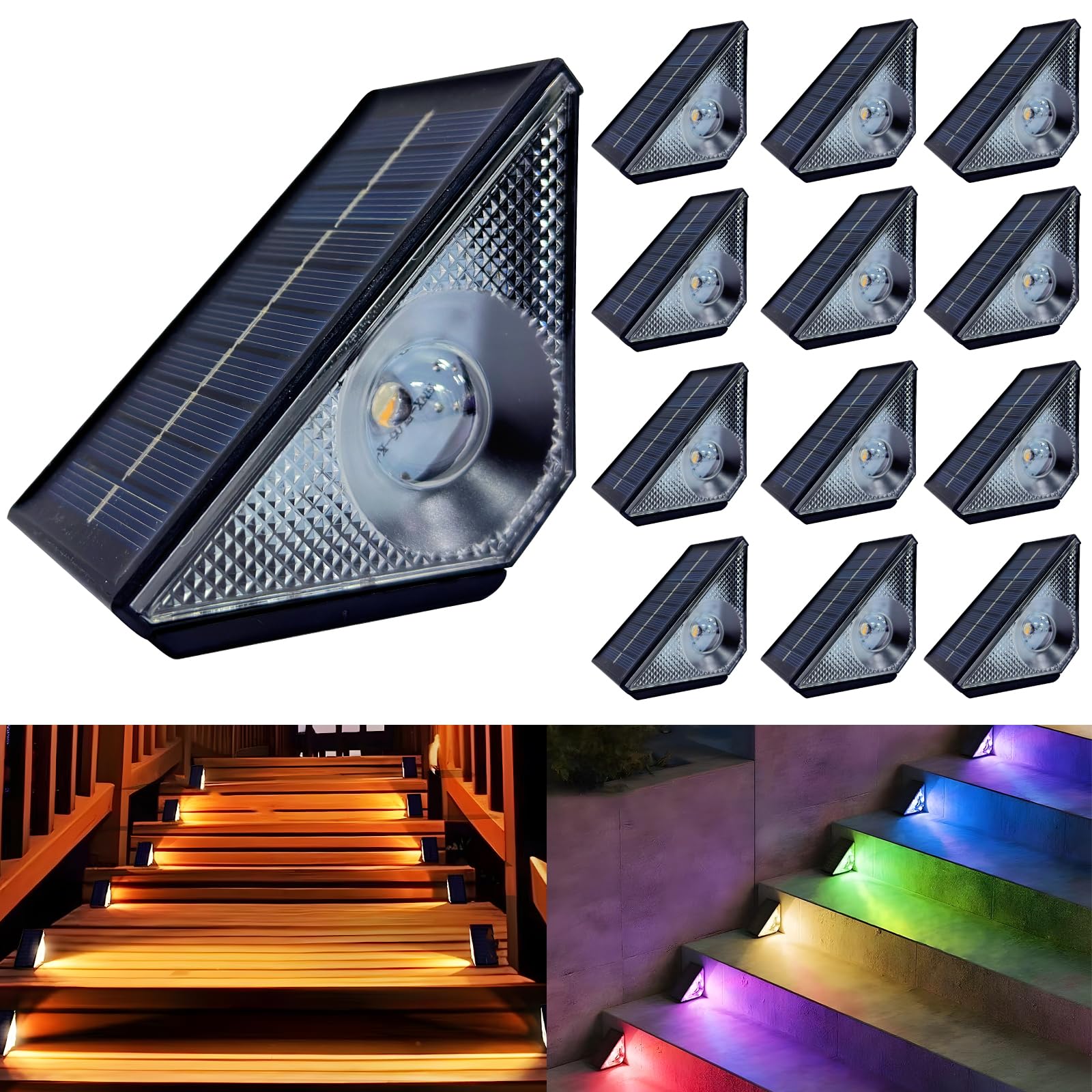 CIYOYO Solar Step Lights, 12 Pack Waterproof LED Outdoor Deck Light, Warm White/7 RGB Colors, Model BZ01