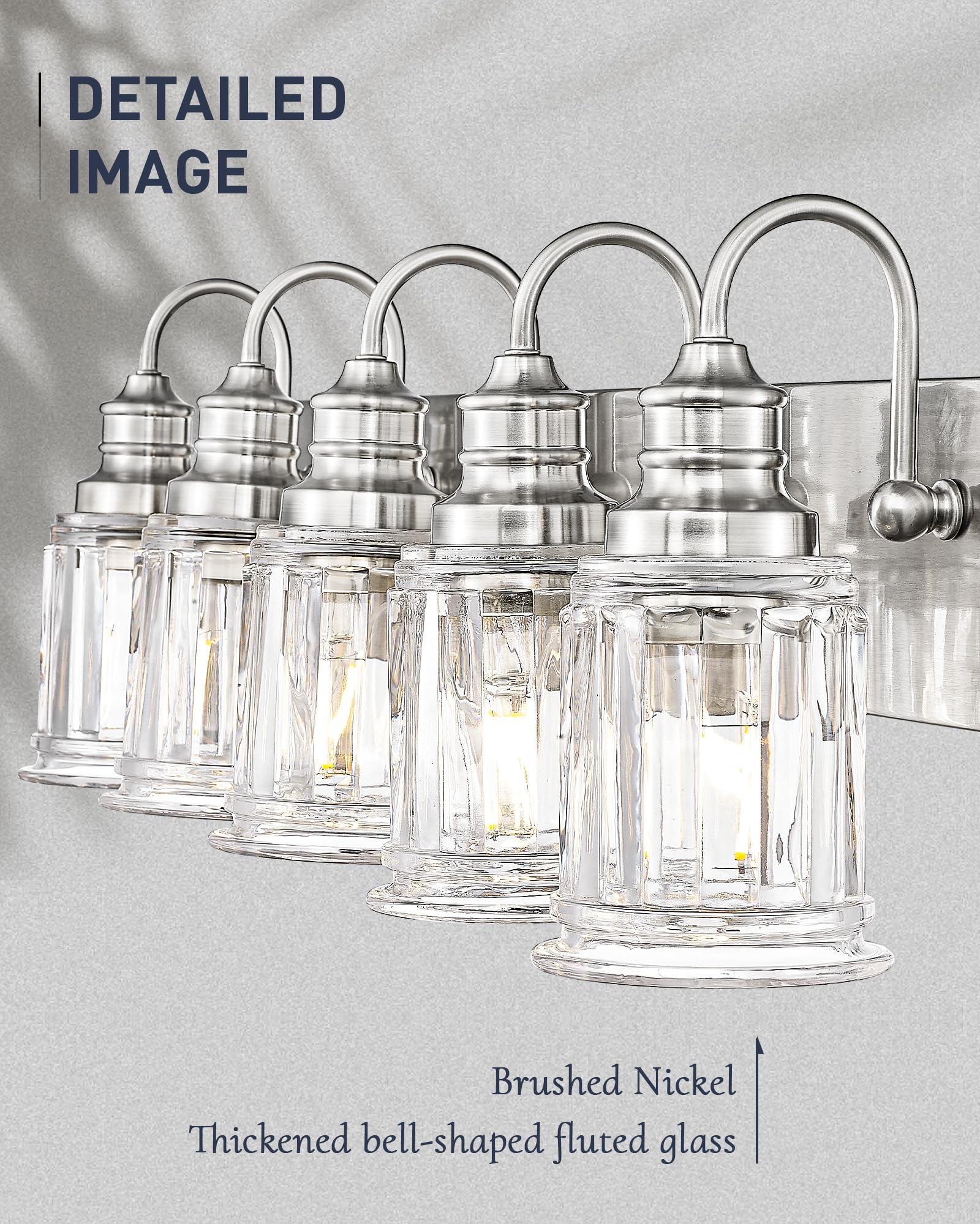 Bathroom Light Fixtures  Hwh 5-Light Vanity Light  Modern Brushed Nickel Wall Lighting Over Mirror  Bell-Shaped Striped Glass  5Hzg106B-5W Bn