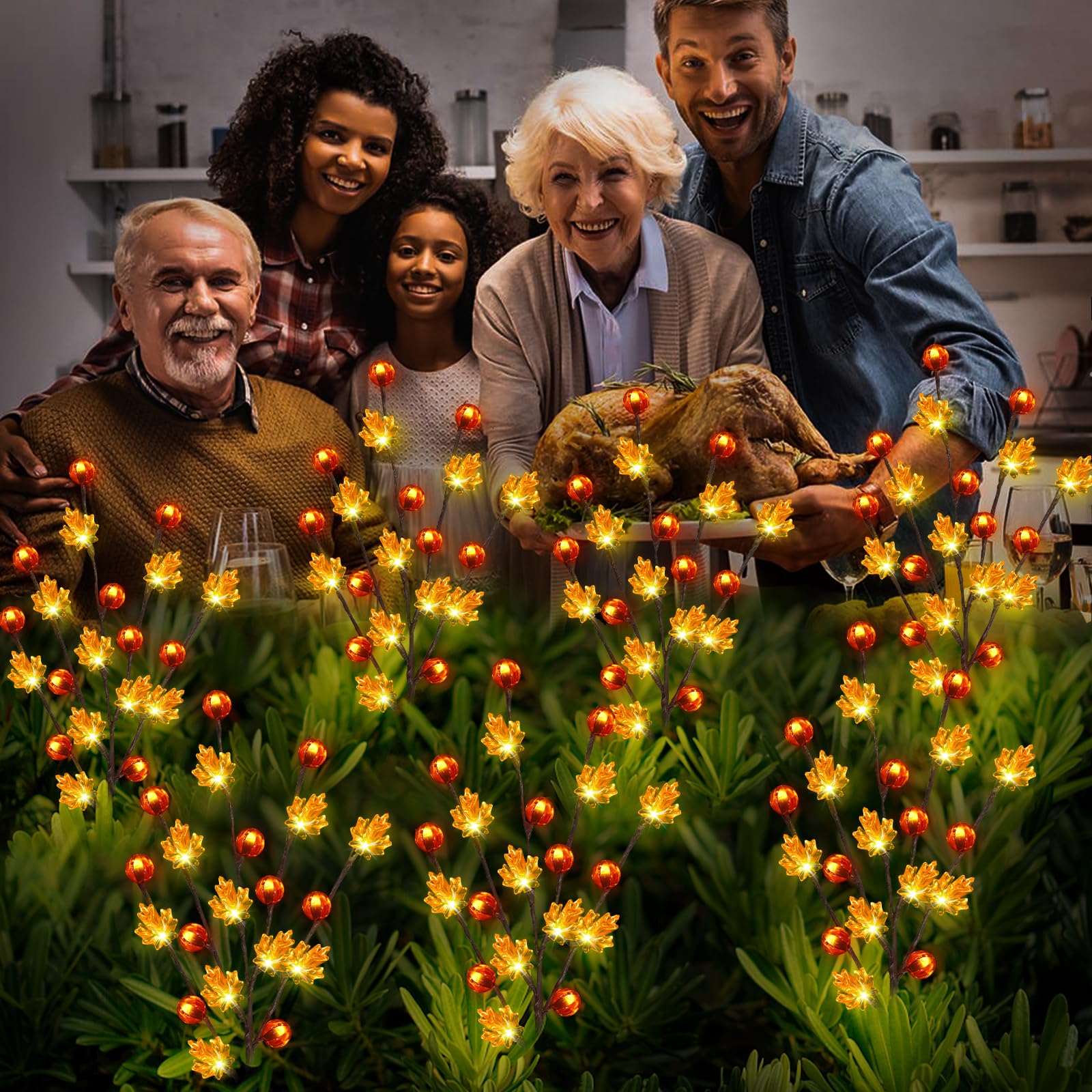 Behiller Fall Decor Solar Garden Lights - 4 Pack 80Led Pumpkin & Maple Leaf For Thanksgiving