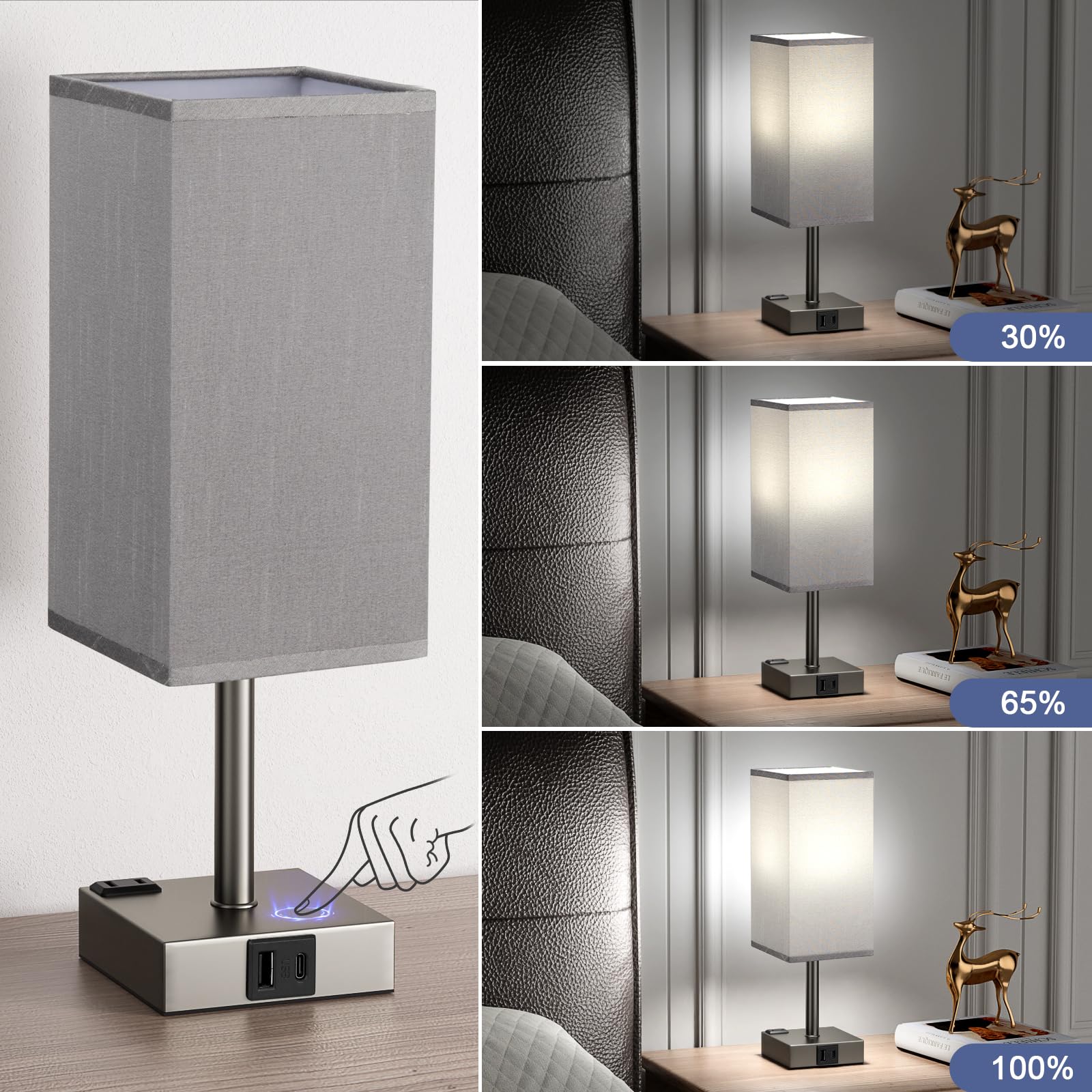 Aooshine Grey Bedside Lamp For Nightstand - Touch Table Lamp With Type C + A And Ac Outlet, Square Charging Lamps For Bedroom De