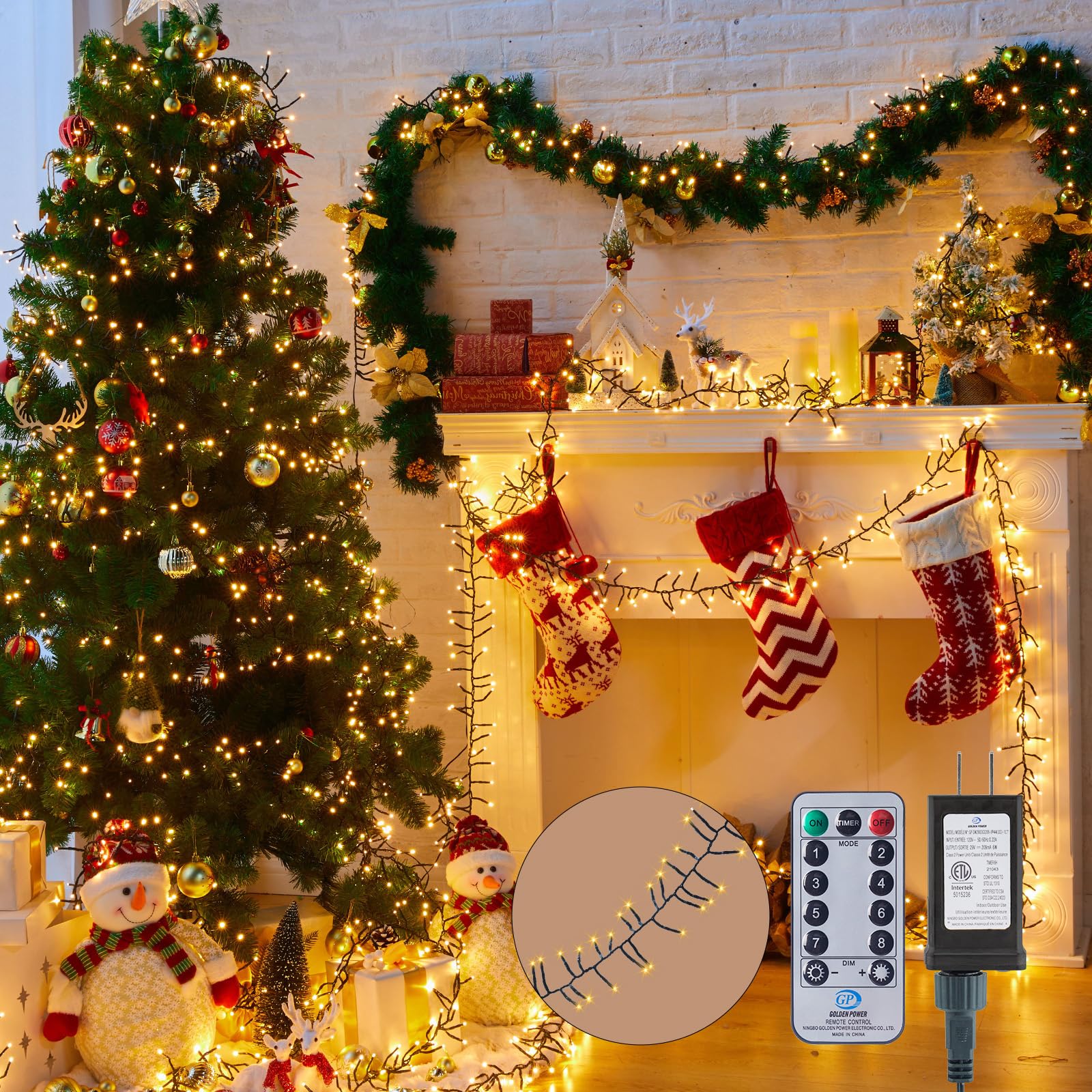 Christmas Lights Outdoor Cluster Lights - 1000LEDs 50Ft 4X Bright 8 Modes Timer Remote, Waterproof Plug in Fairy String Lights, Christmas Tree Lights for Garland Window Xmas Decorations, Warm White