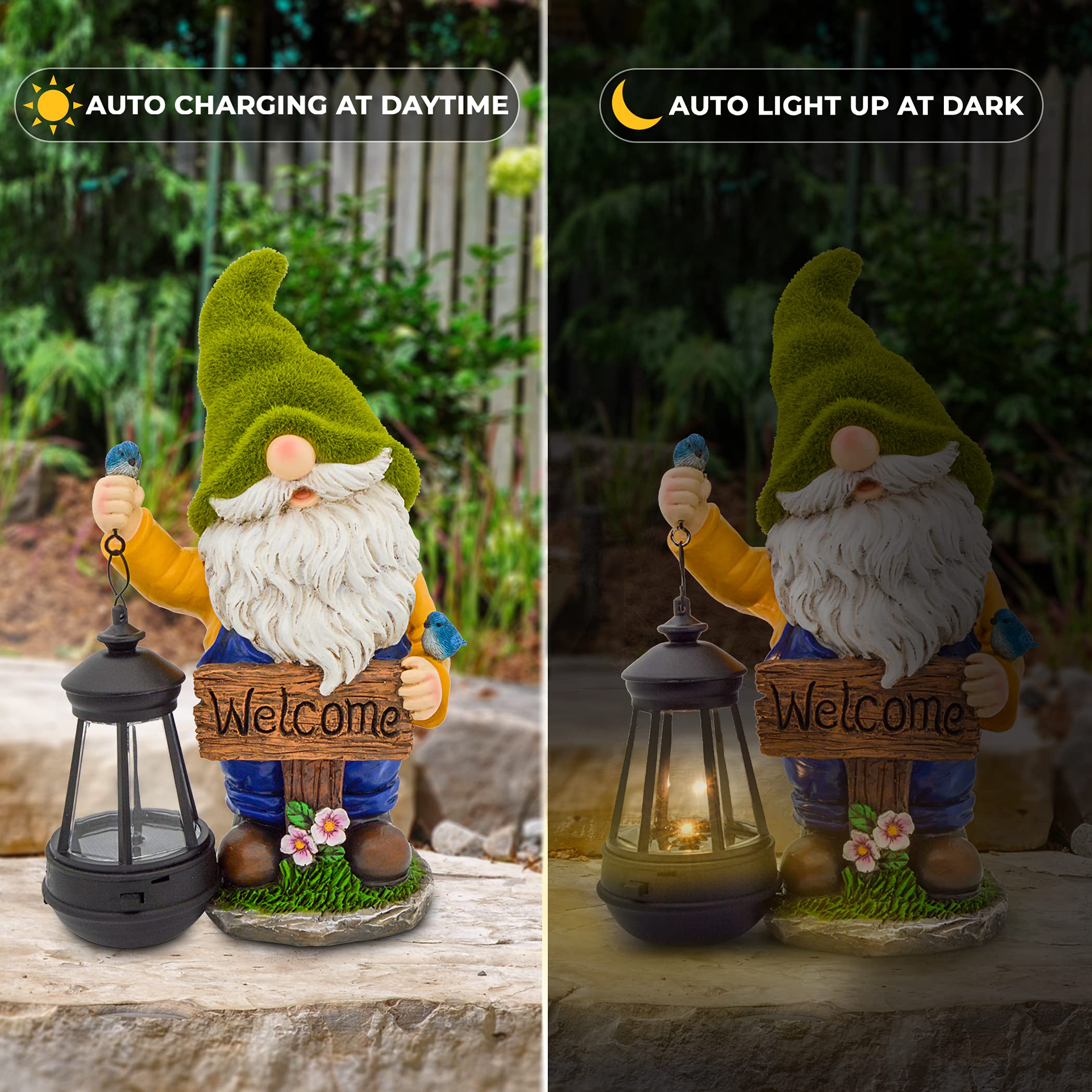 Olekki Garden Gnome Statue with Solar LED Lights - 11.6x6.7x4.3 inch, Flocked, Outdoor Decoration, Model OLKSL-GNM1, Solar