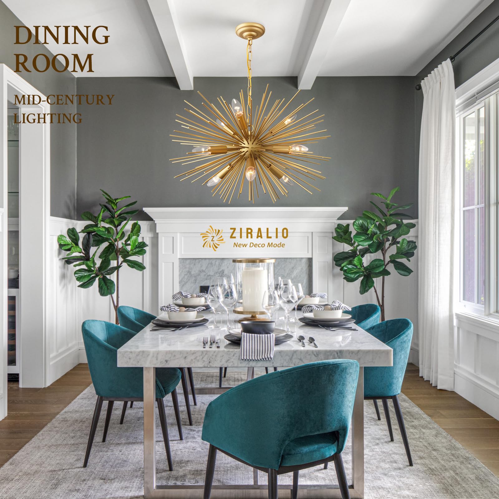 ZIRALIO Modern Gold Sputnik Chandelier 24" 9-Lights Geometric Starburst Light Fixture for Dining Room, Kitchen, Bedroom, Living Room