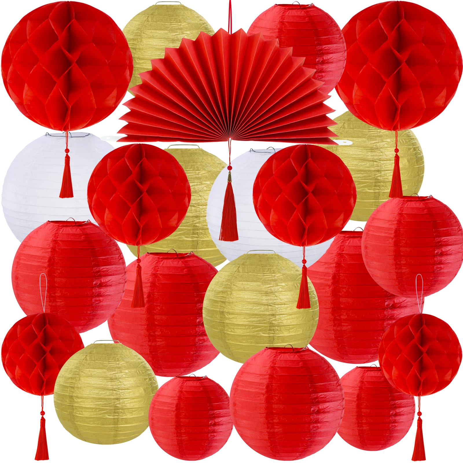 Winlyn 22 Pcs Chinese New Year Decorative Red Gold White Round Paper Lanterns Honeycomb Balls Paper Fans Oriental Hanging Party 