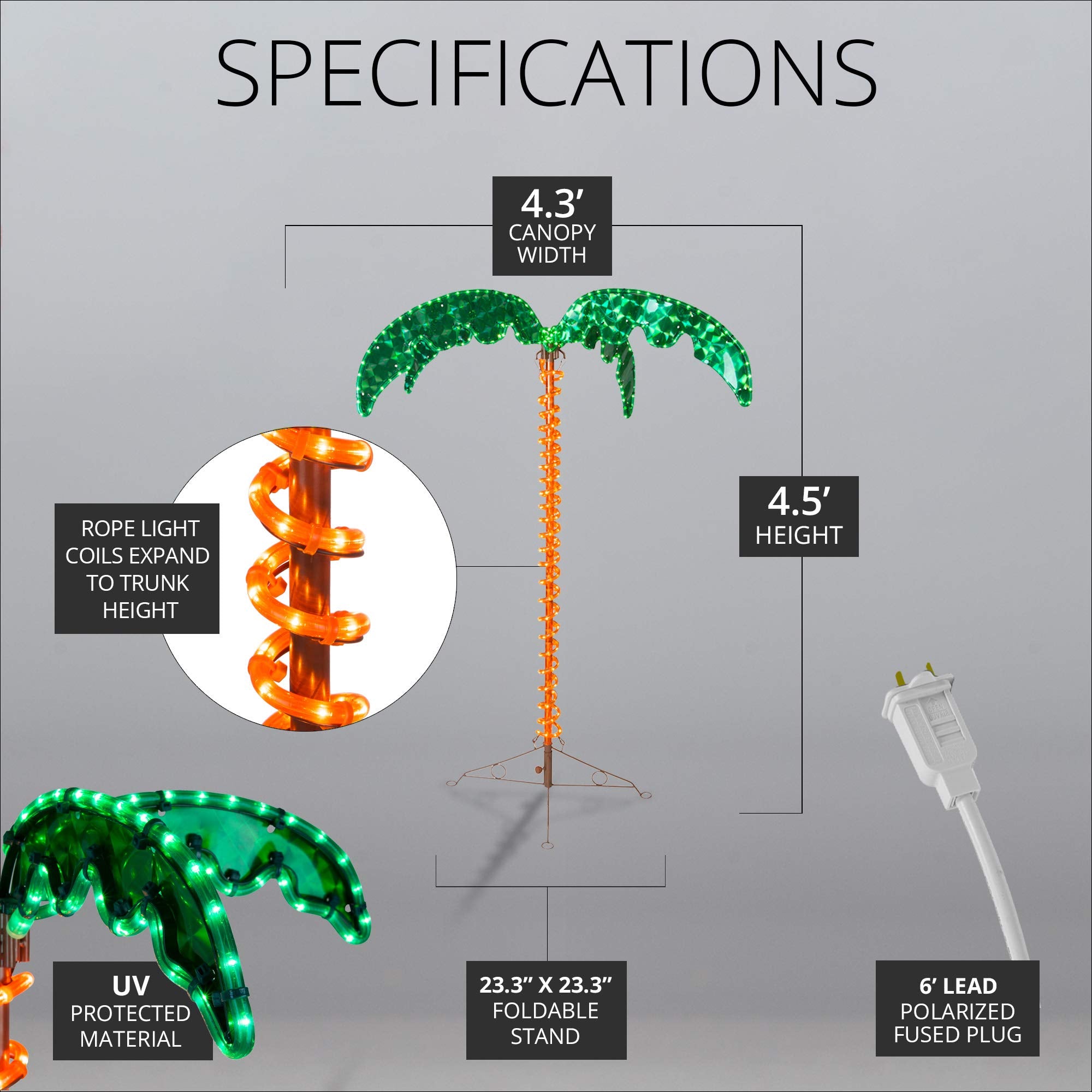 Wintergreen Lighting Deluxe Tropical LED Rope Light Palm Tree, 4.5ft, UV Protected PVC, Green and Amber Fronds, Lighted Holographic Trunk