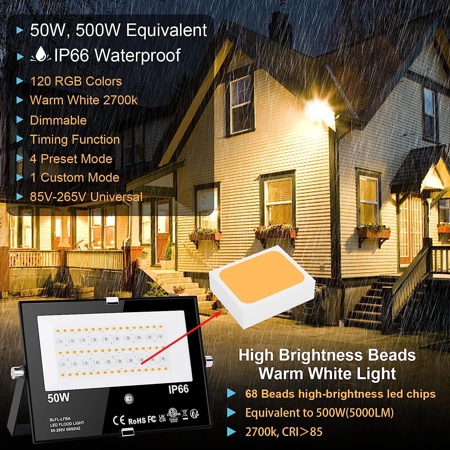 Hydong Led Flood Light - Rgb Color Changing, 500W Equivalent, 5000Lm, Remote Control, Dimmable, Metal, Model Brfl-Flo3