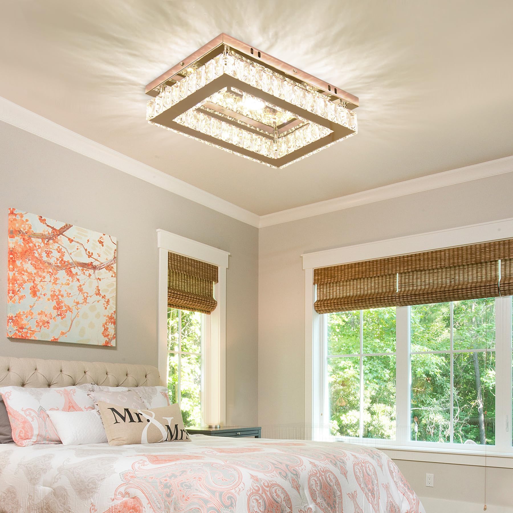 Finktonglan Dimmable Led Crystal Ceiling Light, Rectangular Stainless Steel Chandelier Fixture