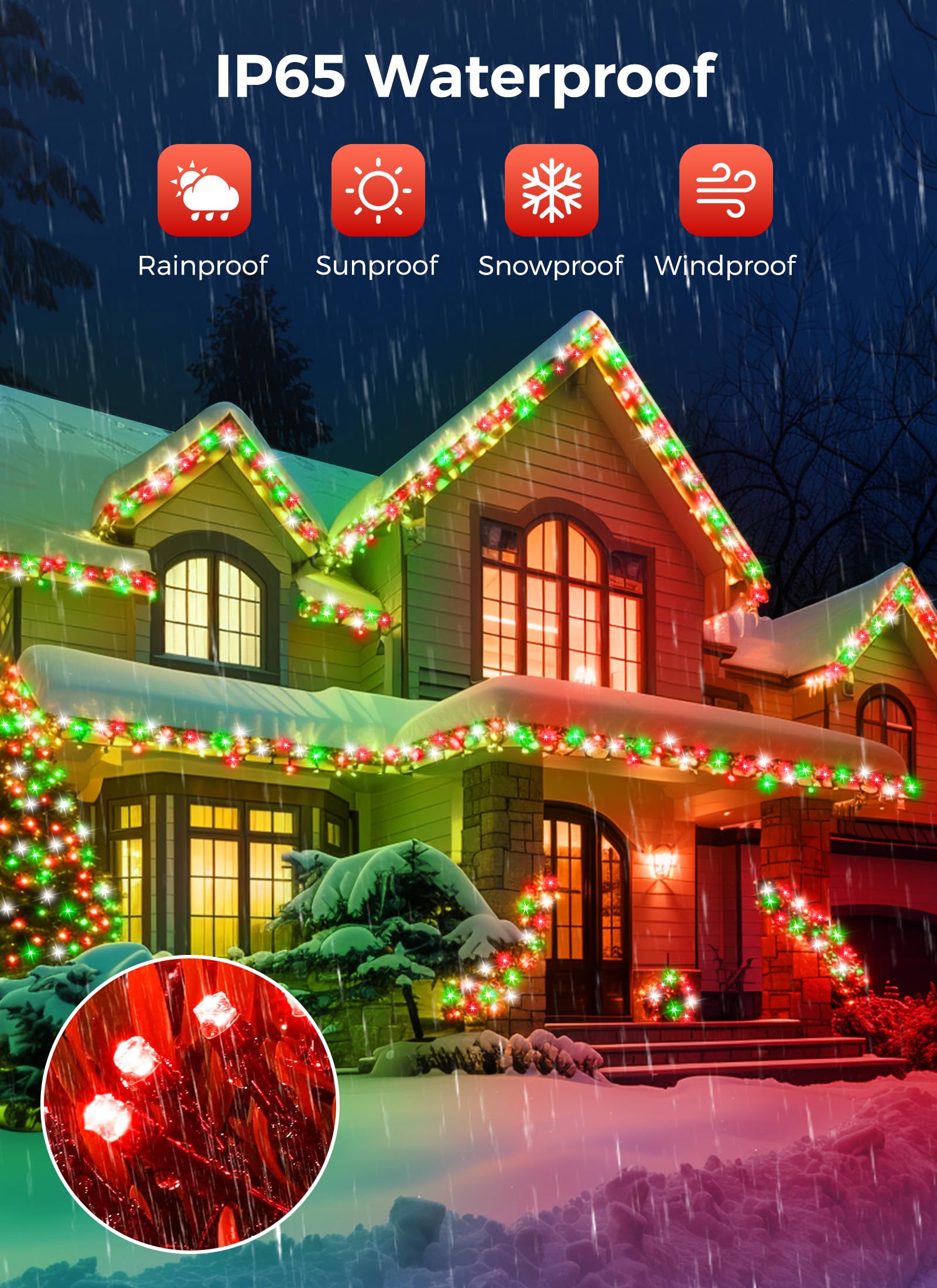 Minetom Solar Christmas Lights Outdoor Waterproof, 40Ft 100 Led Solar Lights With 8 Modes, Solar Christmas Outdoor Decoration, Solar String Lights For Outside House Tree Party Yard, Red Green & White