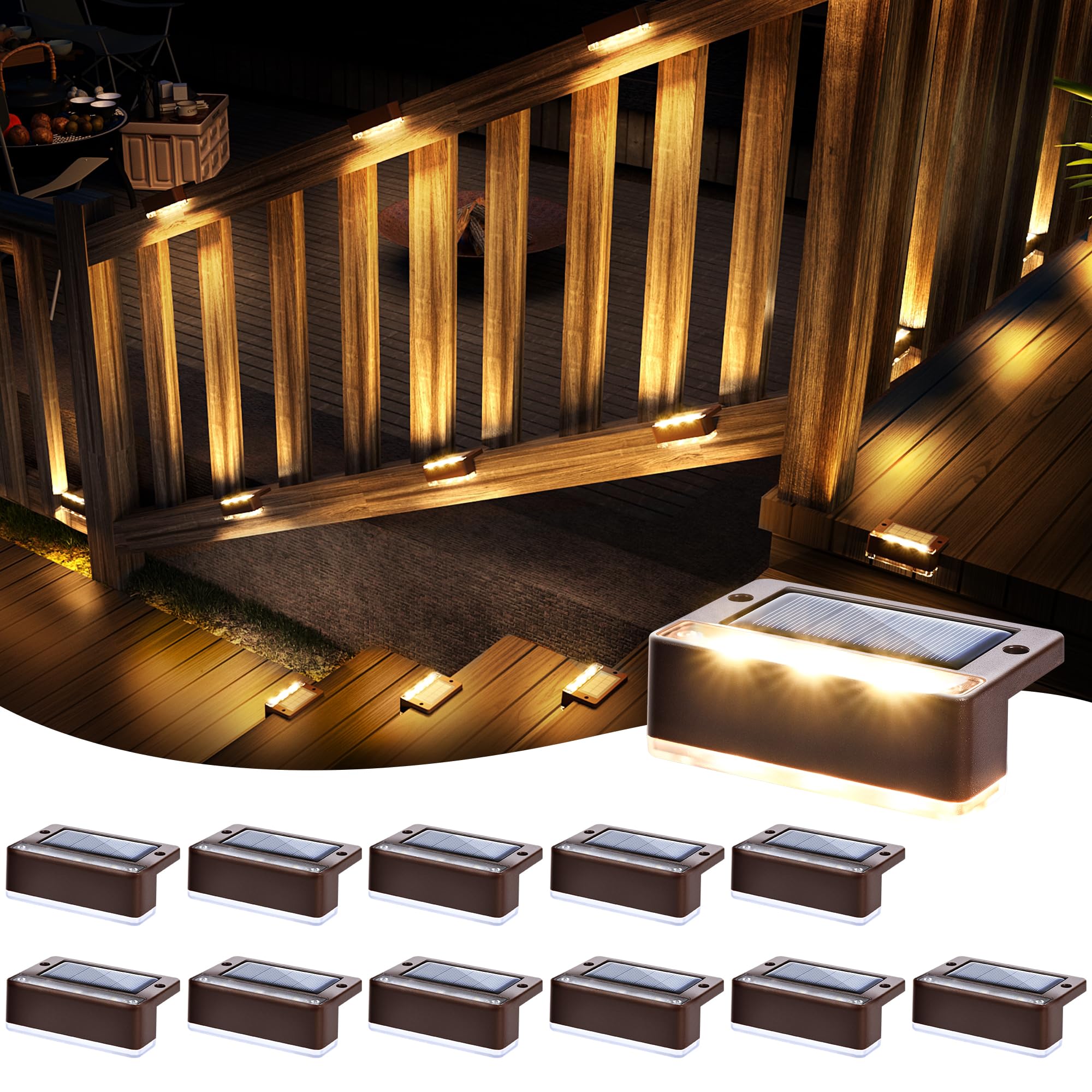 SOLPEX Solar Fence Lights, Waterproof 12 Pack, Warm White, 6 LEDs, Brown, Outdoor Step and Stair Lighting