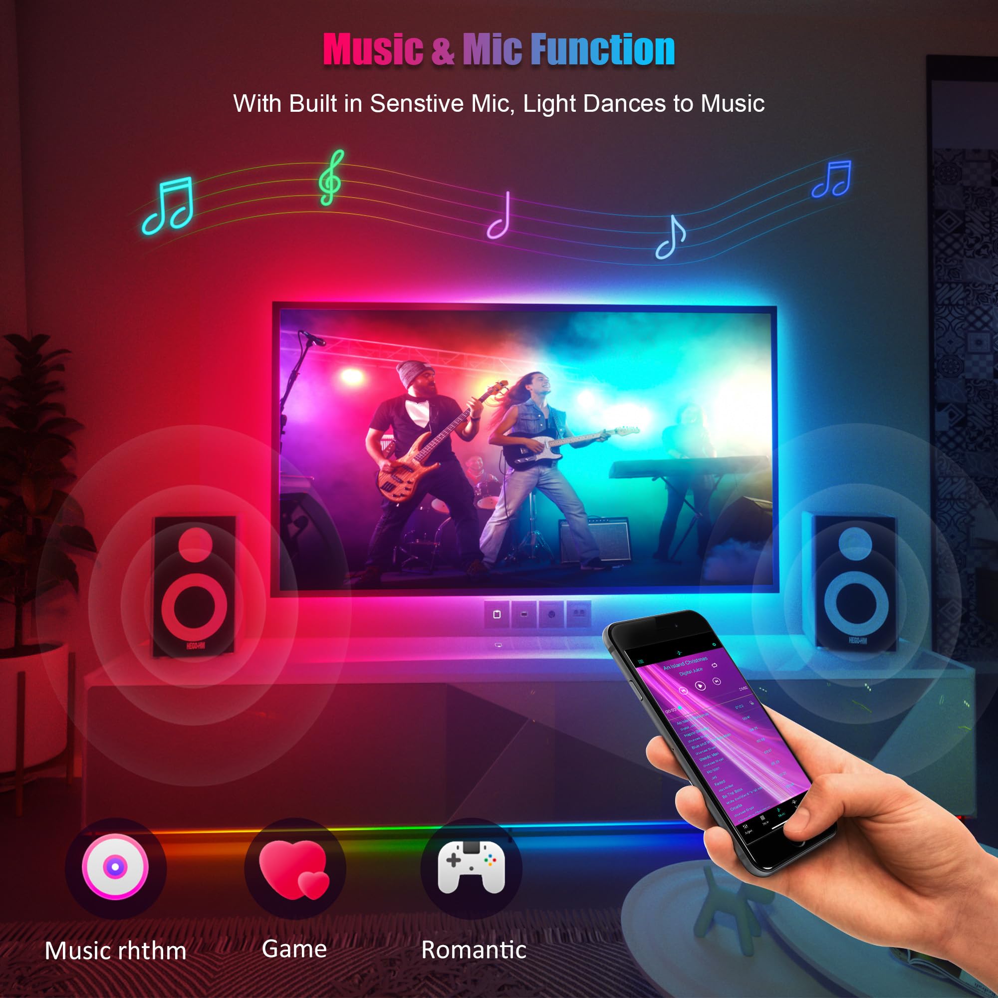 Pangton Villa Led Lights For Tv 80-100 Inch, 24.6Ft Icrgb Tv Led Backlight Kit Work With App & Remote Control, Music Sync Tv Led