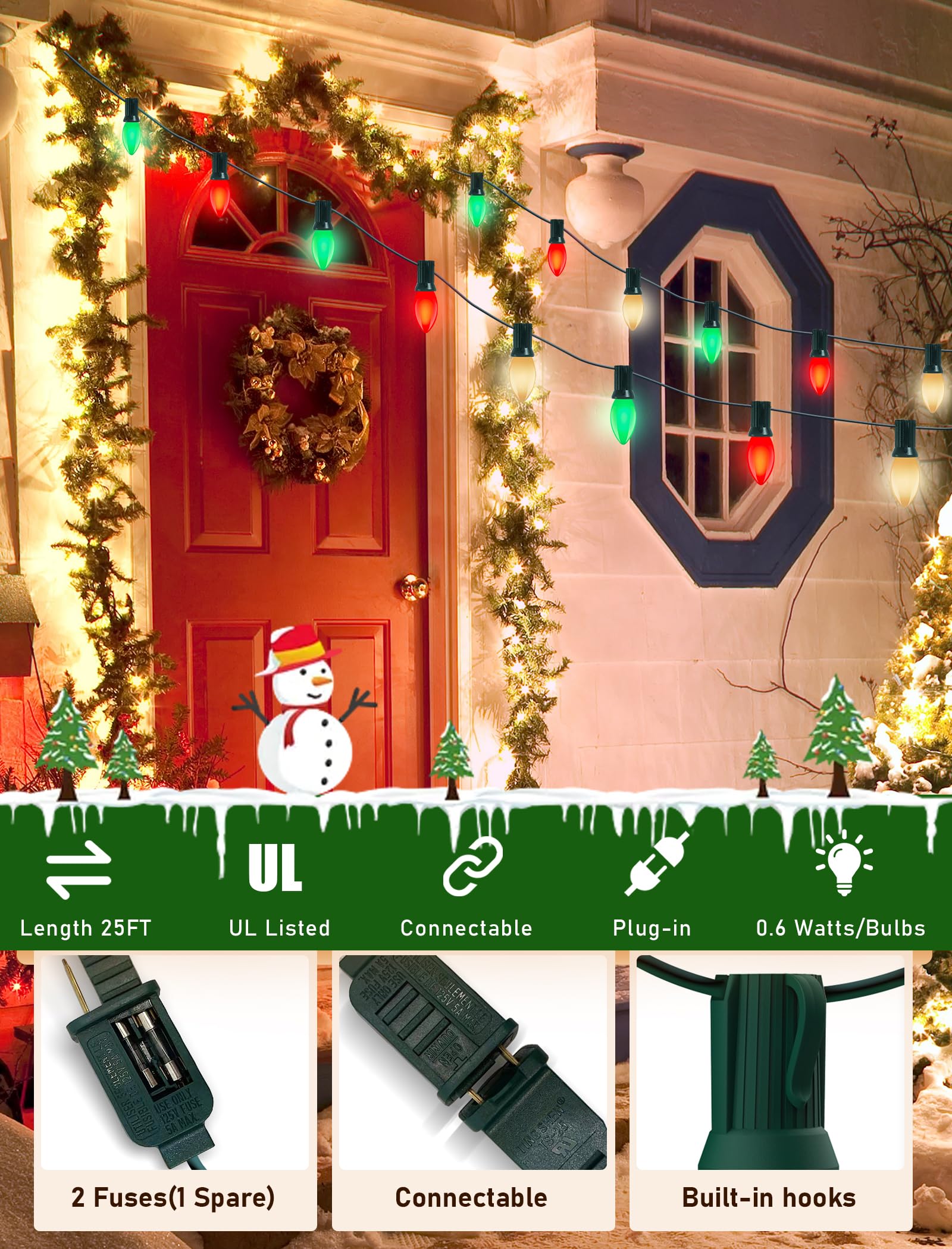 25Ft C9 Led Christmas Lights Outdoor, Vintage Christmas Lights With 26 C9 Led Red White And Green Bulbs, Hanging Outdoor Christm