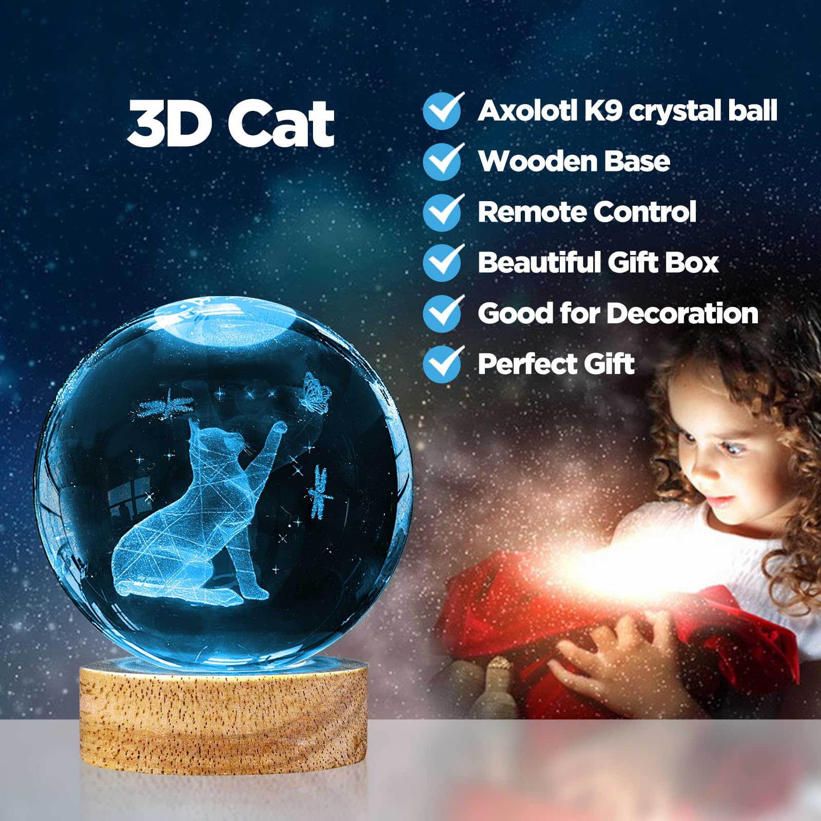 Pymin3D 3D Cat Crystal Ball Night Light 3.15In K9 Cat Lamp With 16 Colors Change Wooden Base And Remote Control Christmas Cat Gi