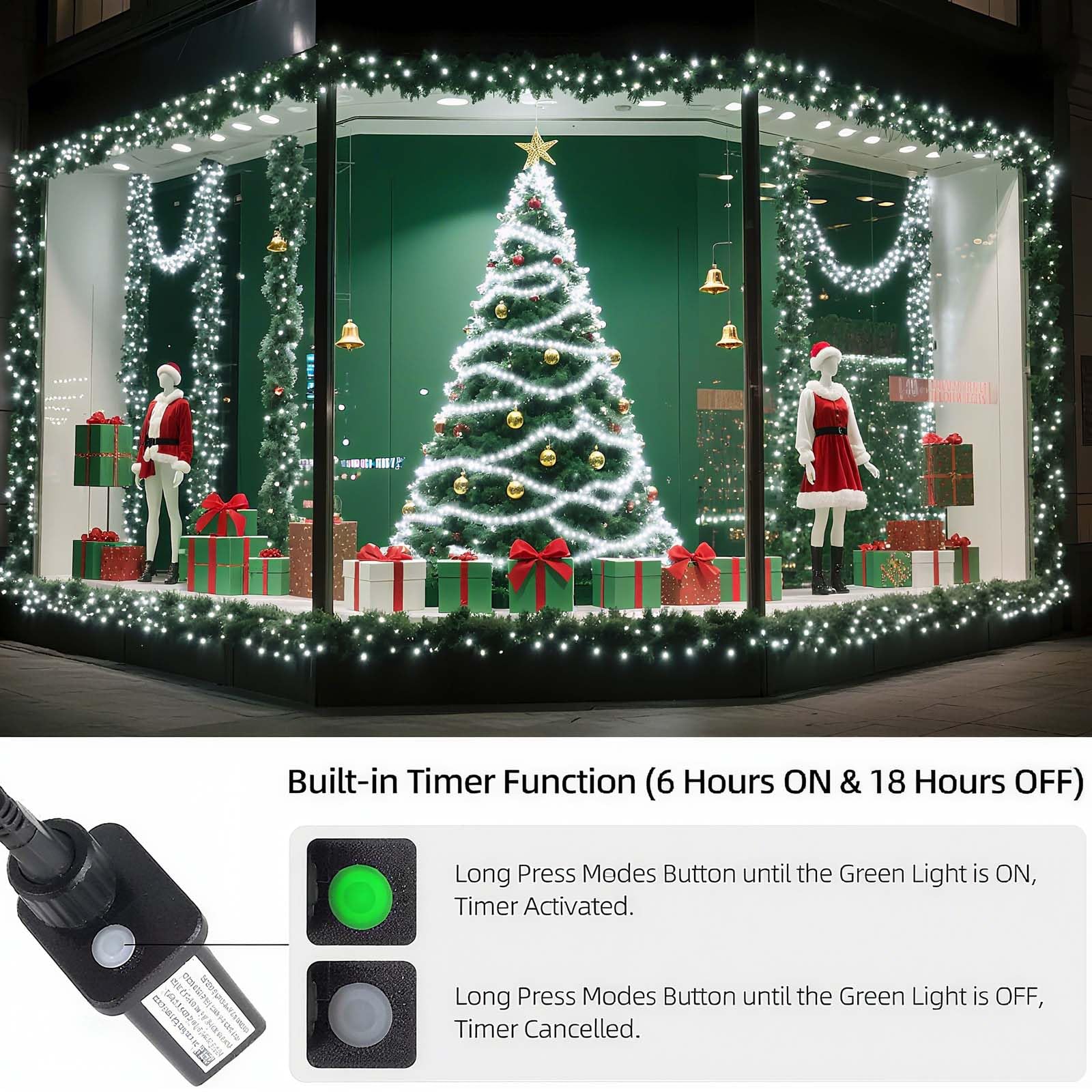 Tcamp Christmas Lights - 164ft 500 LED White String Lights, 8 Modes, Timer, Green Wire, Model QL300AE