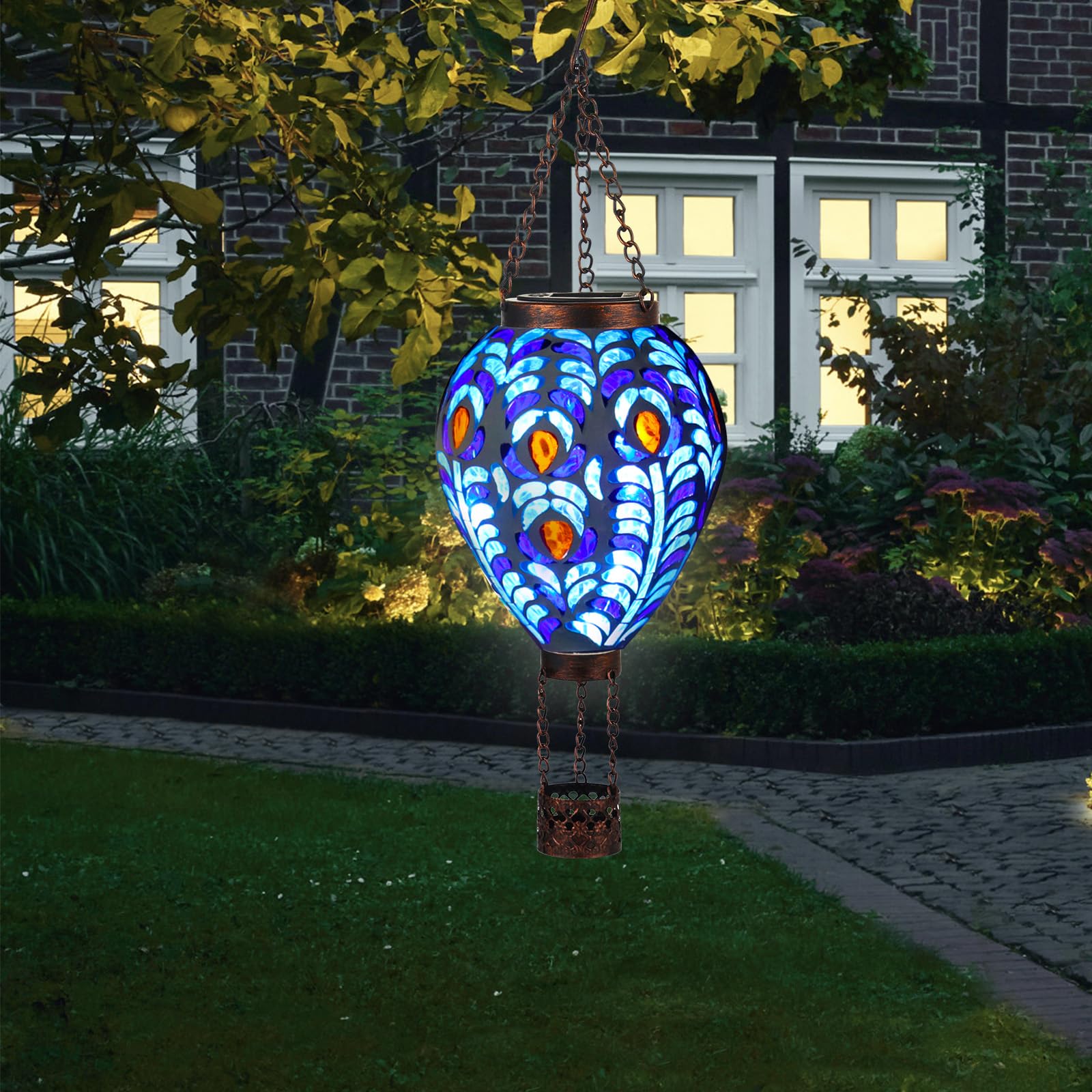 VOREEN Hot Air Balloon Solar Lantern, Handmade Glass, Peacock Feather Design, Waterproof Outdoor Hanging Light, Model FYG24106