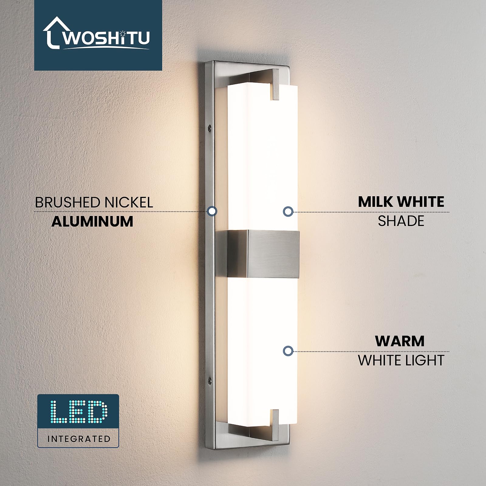 Woshitu Nickel Wall Sconce Light - Modern Dimmable Wall Sconces Set Of Two Led 3000K 24W Bathroom Vanity Light With Acrylic Shade Indoor Hardwired Sconce Lighting For Bedroom/Living Room/Hallway/Stair