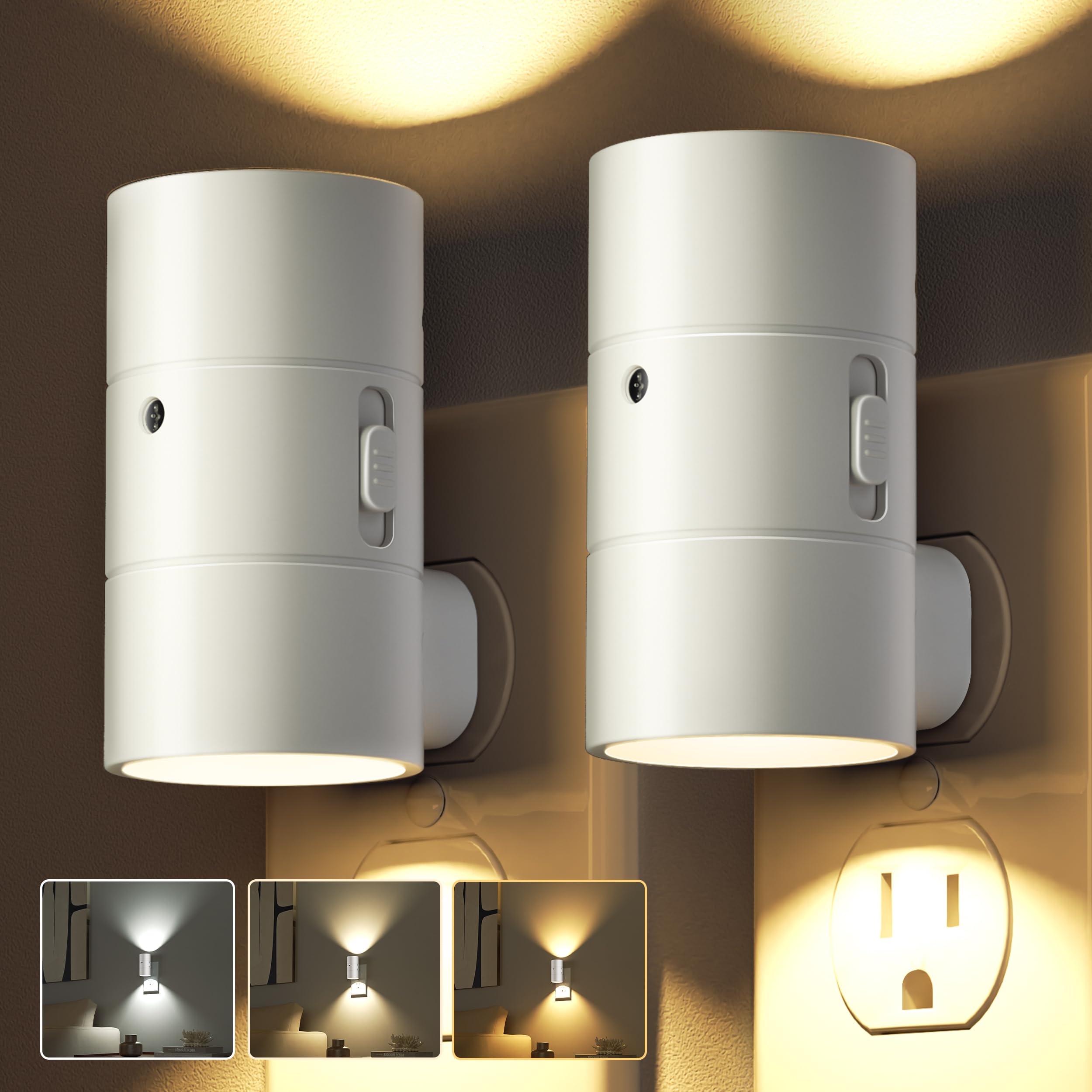 JOFIOS Night Lights Plug Into Wall Dimmable LED Nightlight with Dusk to Dawn Light Sensor 0-100LM Adjustable Brightness 3 Color Temperatures Night Light for Hallway Bathroom Stair Bedroom White 2 Pack