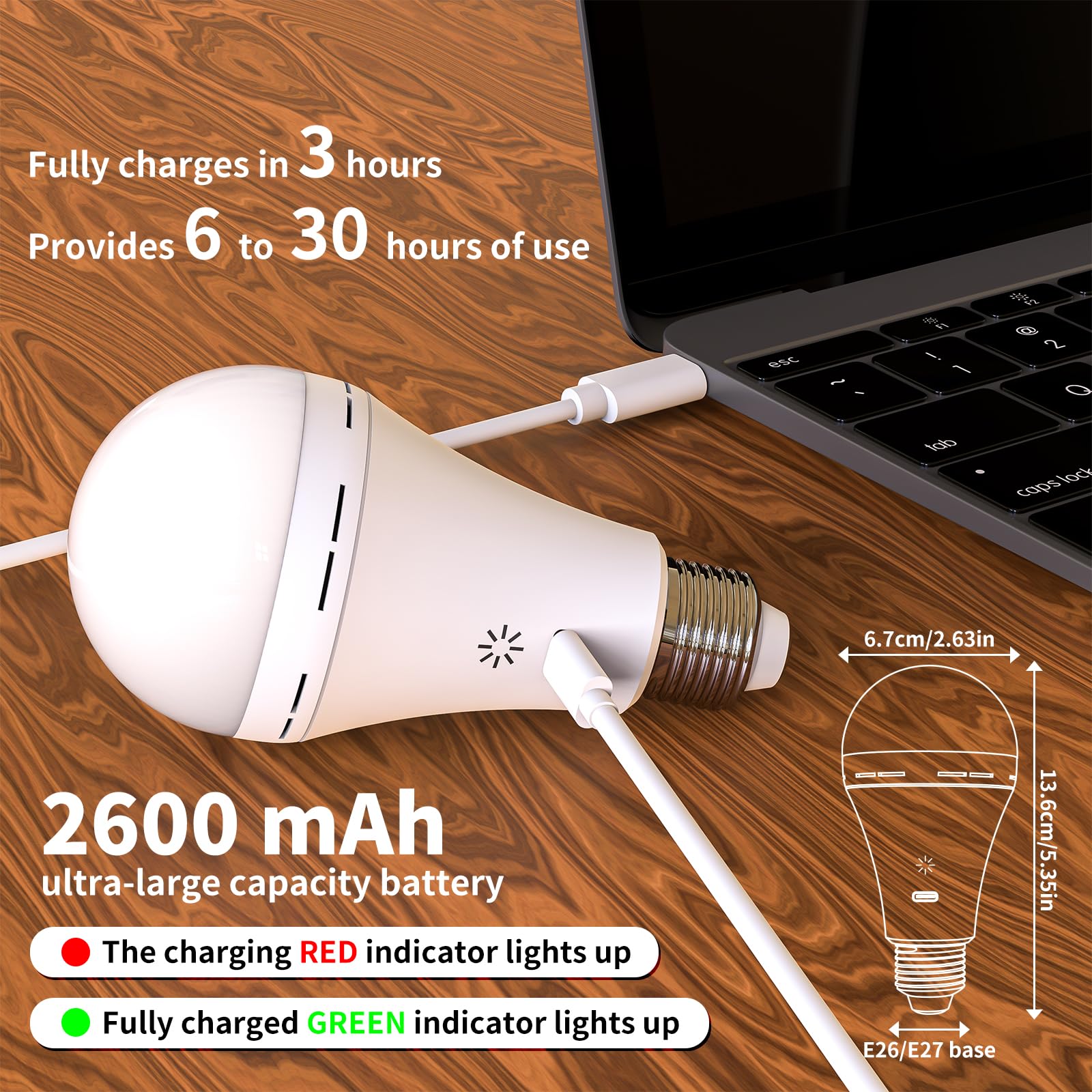 Usb Rechargeable Light Bulb With Remote Control, 3 Color Temperature Led Dimmable Battery Powered Light Bulbs, E26 8W Touch Cont