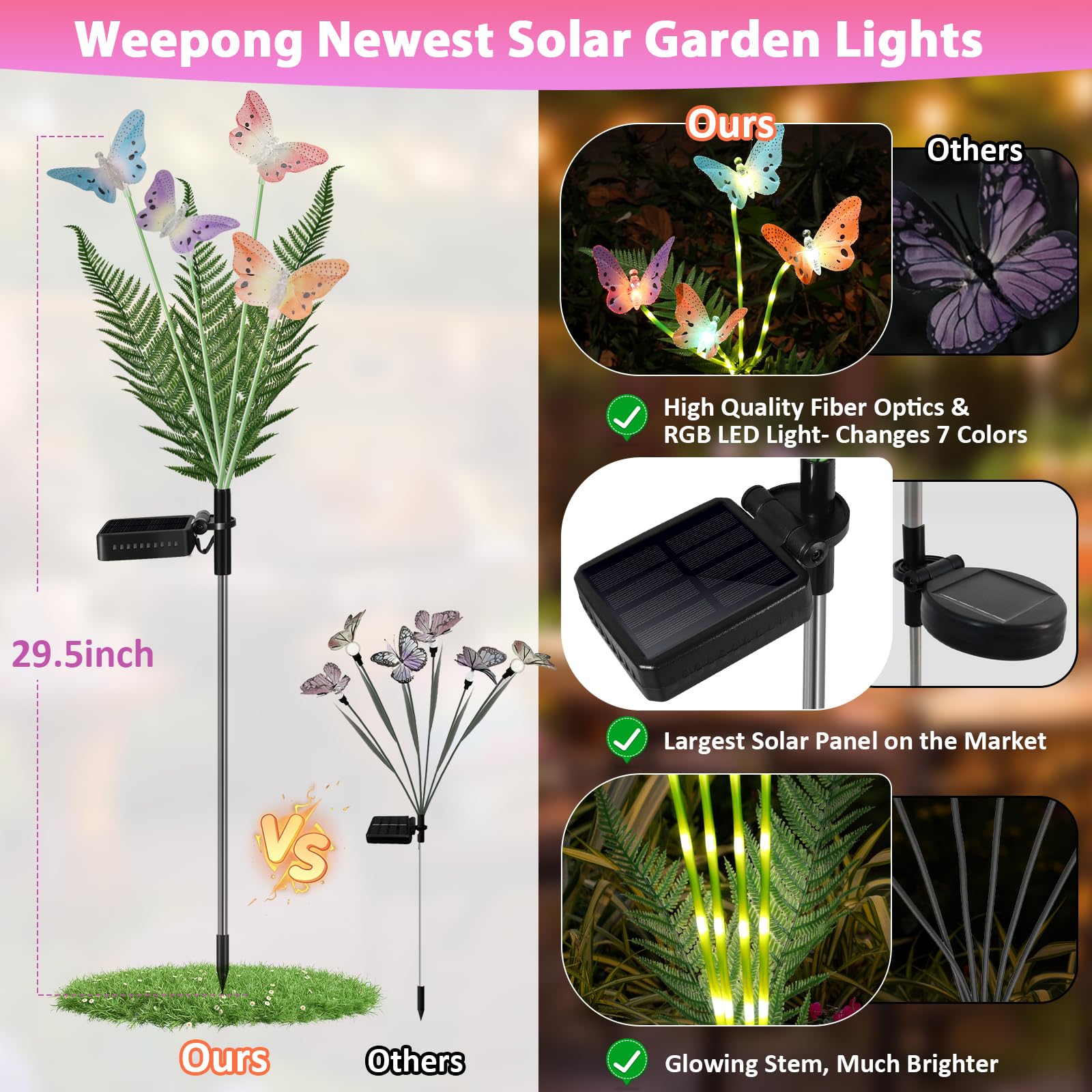 Weepong Solar Garden Lights - Waterproof 7-Color Changing Butterfly Decor, 2 Pack