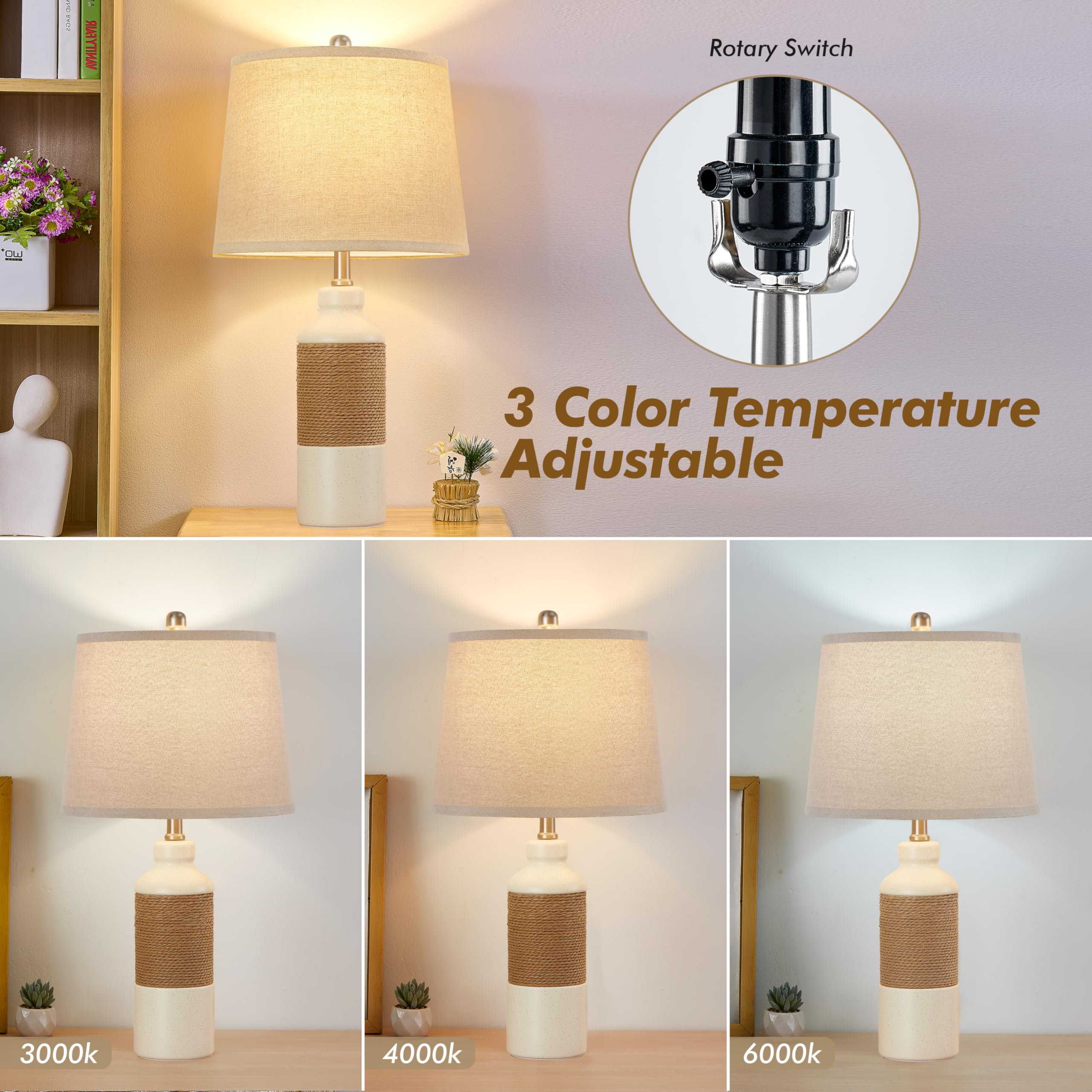 Gyrovu Boho Rattan Table Lamp Set Of 2, 3 Color Temperature Bedside Lamps, Lamps For Night Stands, Vintage Farmhouse Rattan Tabl