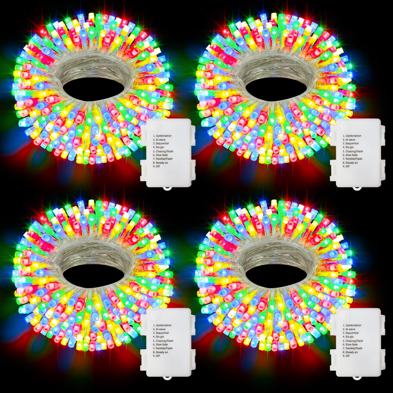Dealbeta 4 Pack 16.5Ft Rgby Battery Operated String Lights, 50Led, 8 Modes, Clear Wire