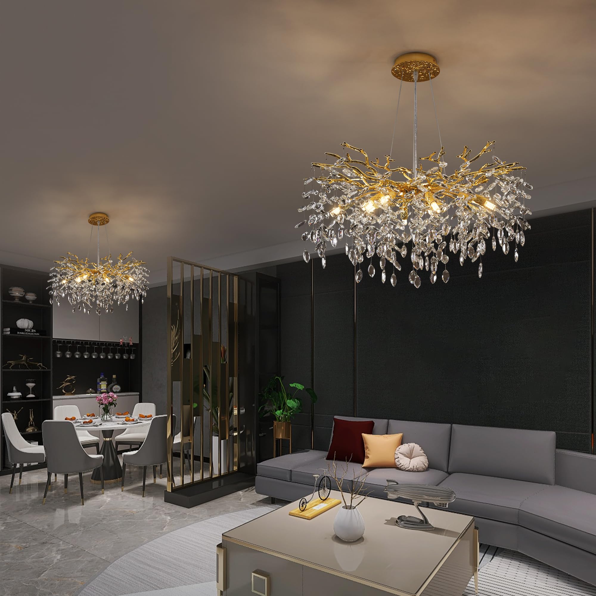 Puvaue Crystal Tree Branches Chandeliers Luxury Round Gold Hanging Pendant Light 10 Lights For Dining Room Bedroom Living Room E