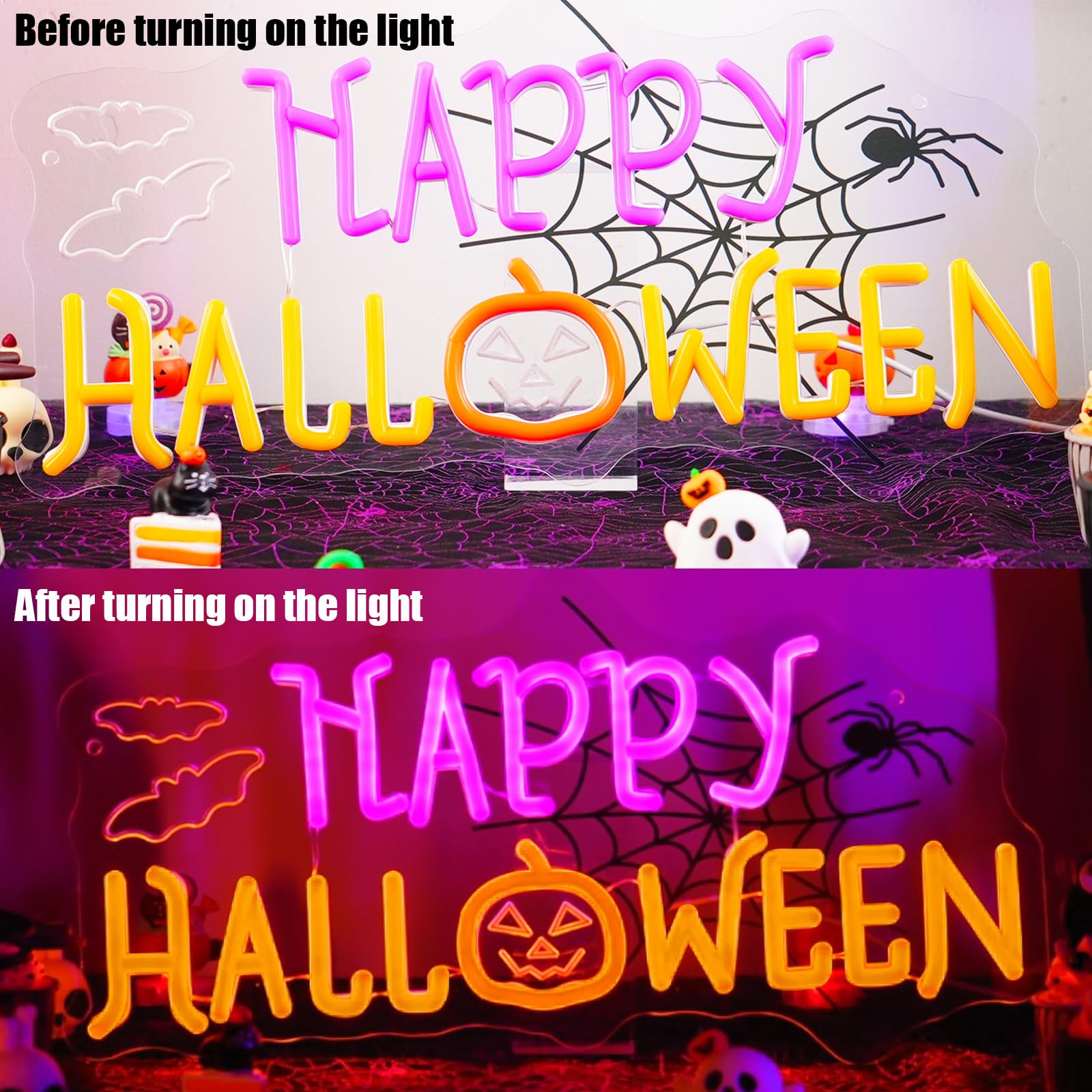 Halloween Neon Sign For Halloween Wall Decor Dimmable Neon Light Bat & Pumpkin Light Up Signs For Halloween Bedroom Horror Party Bar Background Decoration