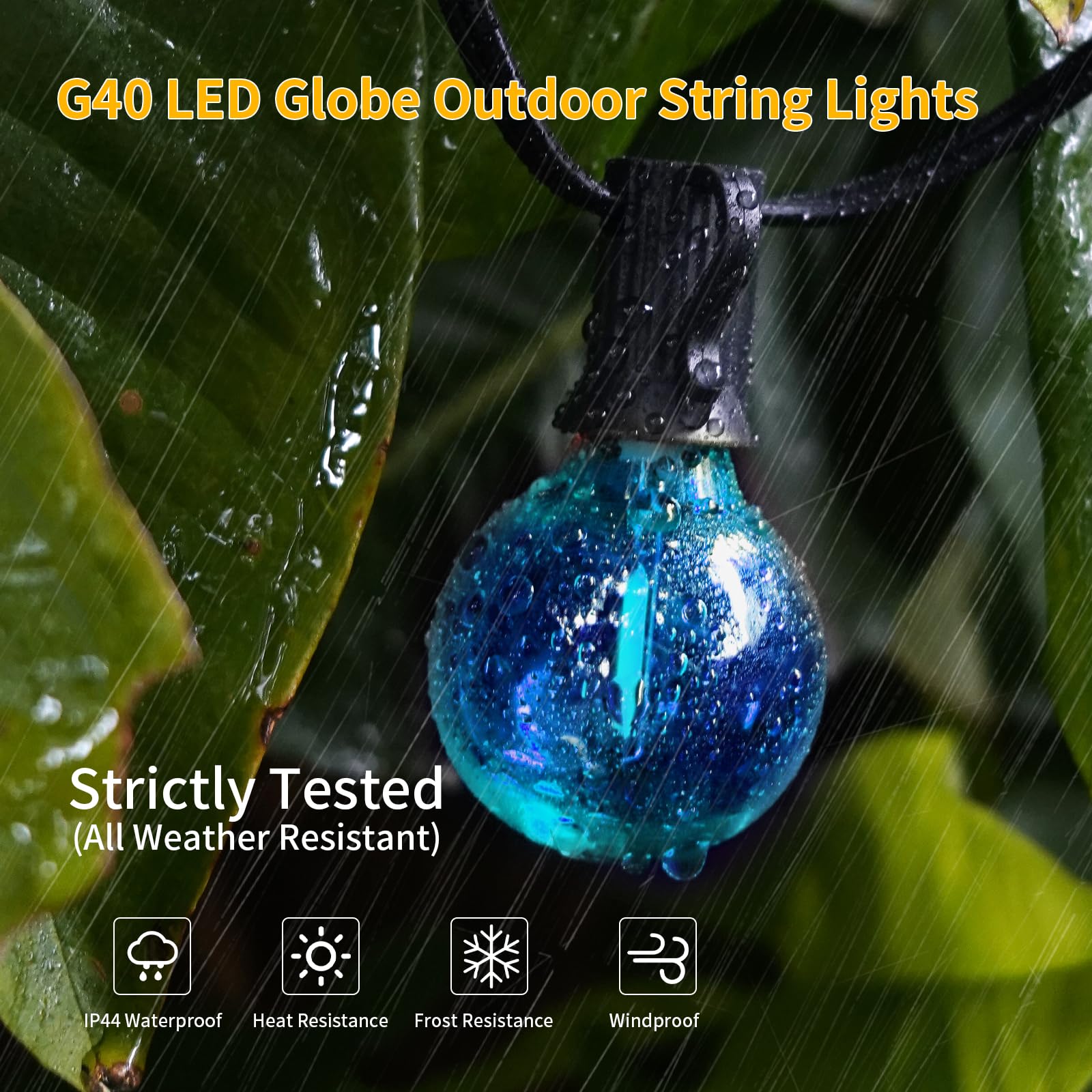 ShineU LED Outdoor String Lights, 40FT Waterproof G40 Globe, 27 Shatterproof Edison Bulbs, Blue, Connectable for Patio, Garden, Bistro