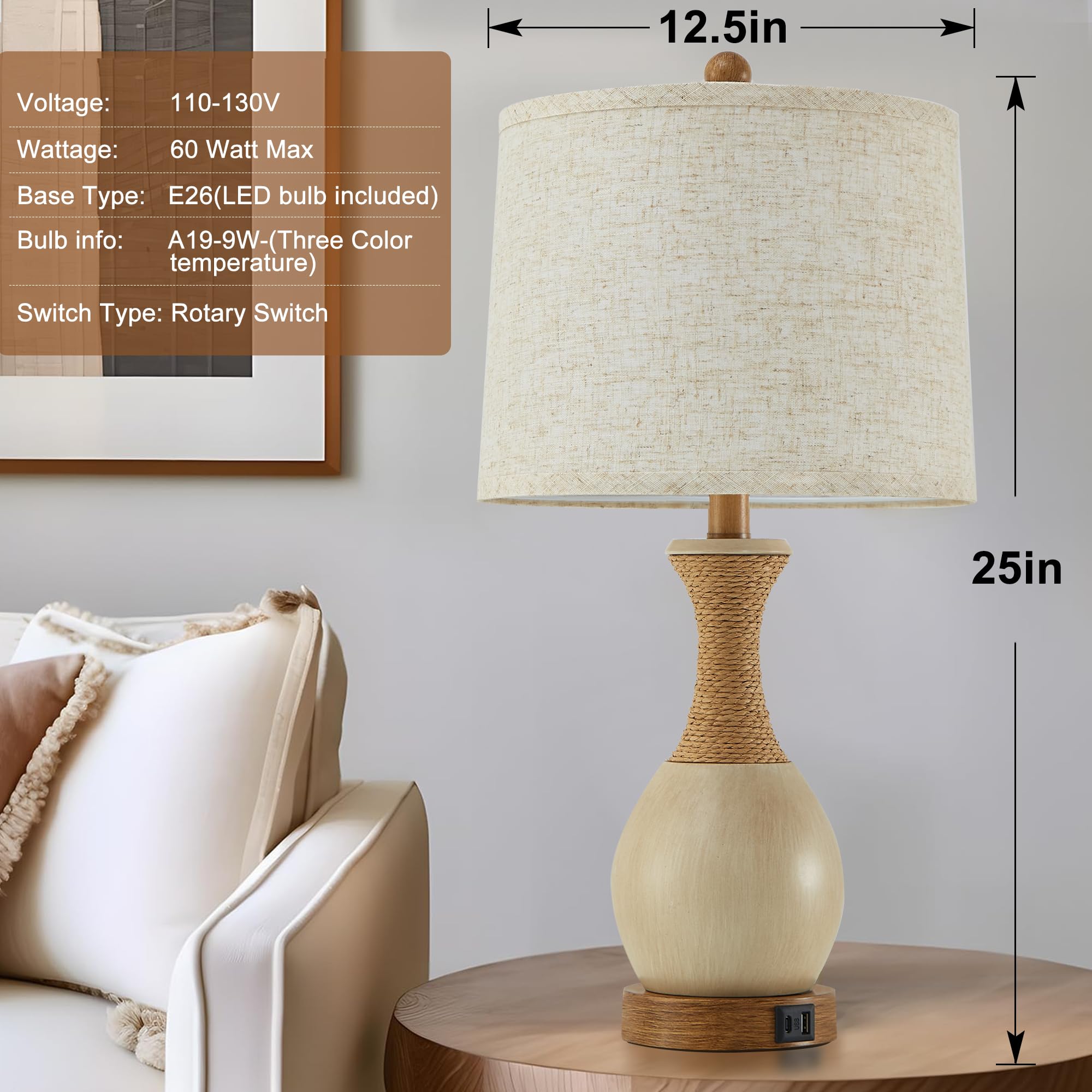 EJIAXIN Table Lamp Set of 2 - Boho Rattan with 3 Color Temperatures, USB Charging Ports, White - Bedroom Nightstand Lighting