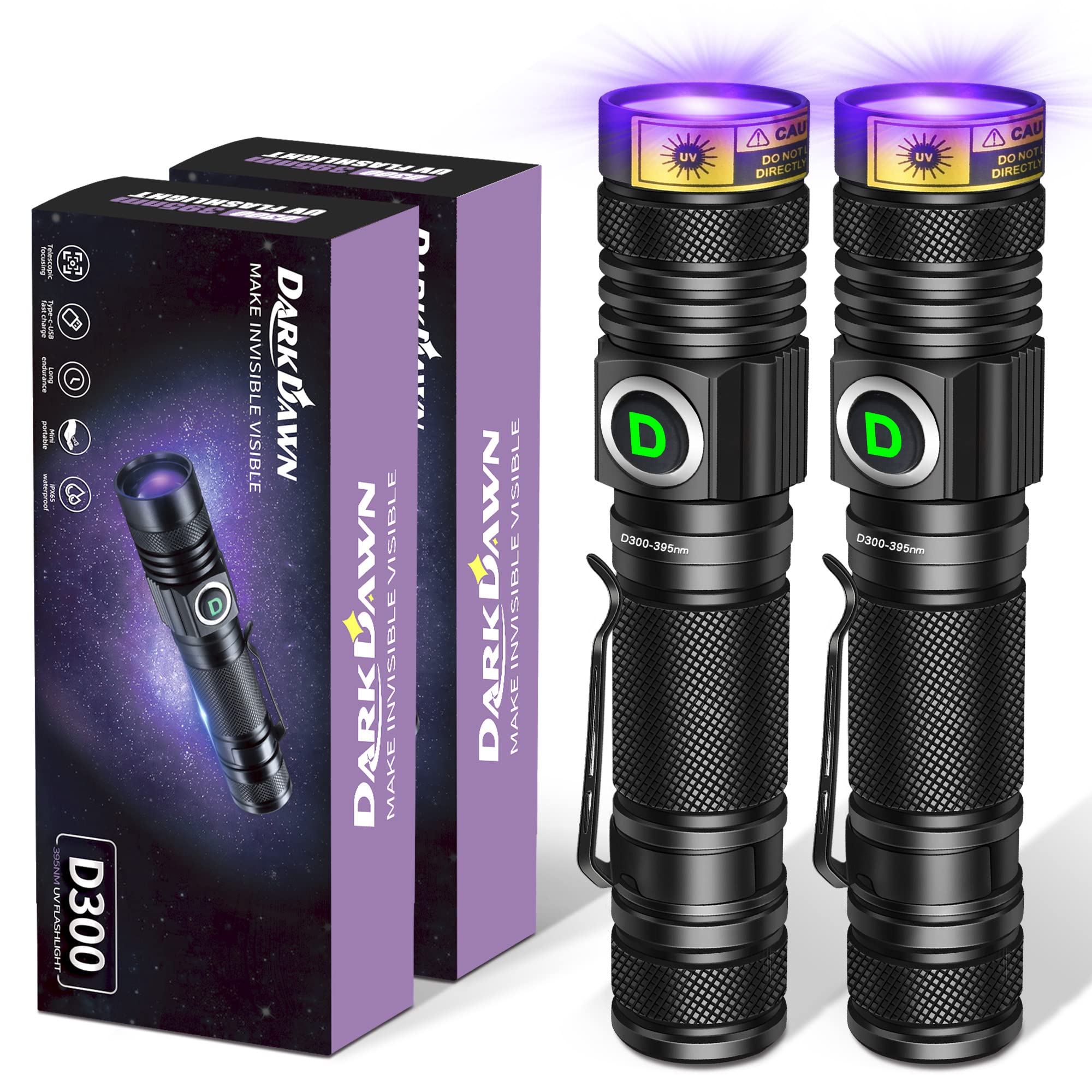 DARKDAWN UV Flashlight 395nm Black Light USB Rechargeable Ultraviolet LED Blacklight Powerful Fluorescent Woods Lamp Portable Mini Detector for Pet Urine Stains  Gem  Scorpions  Resin Curing  2 Pack