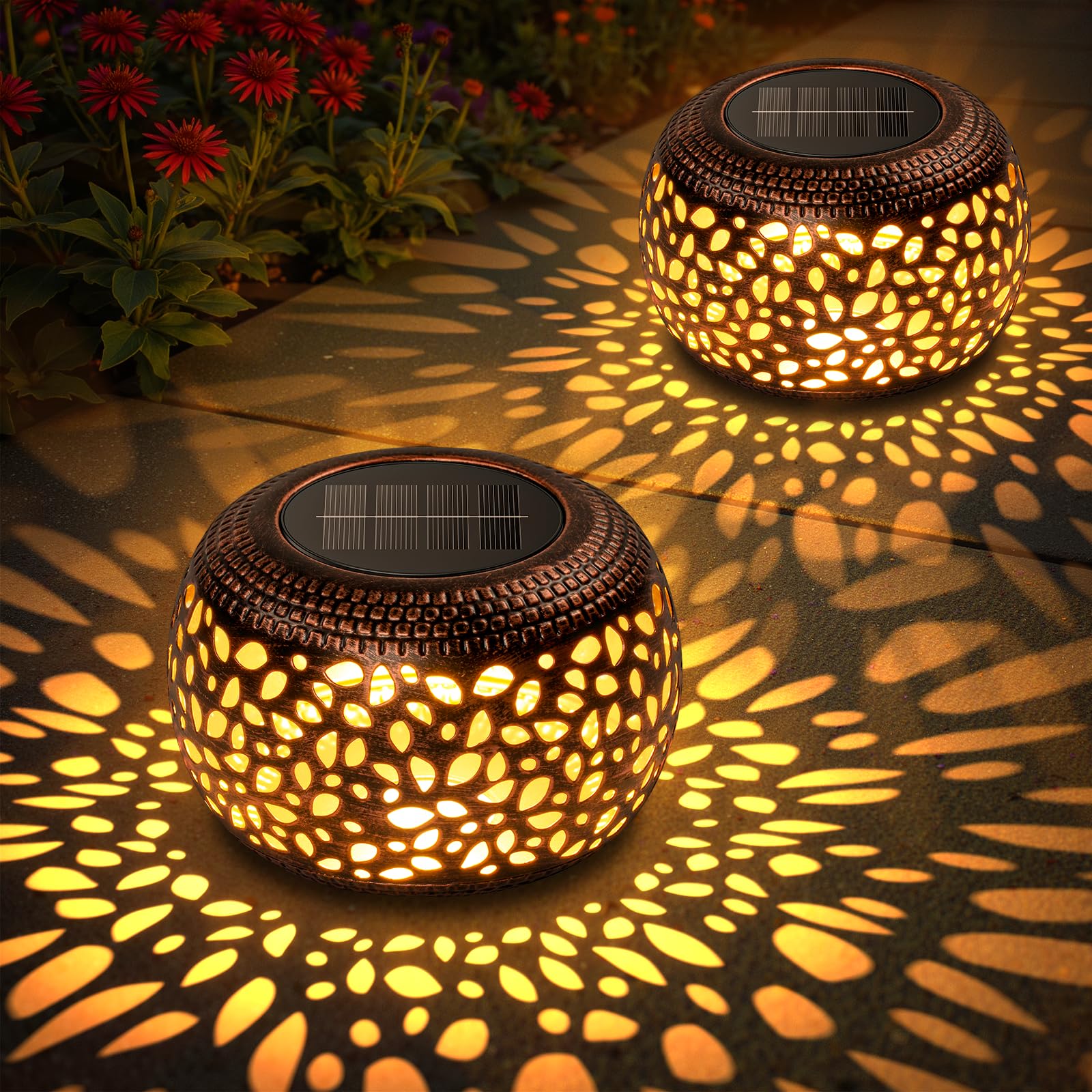 Solar Lanterns Outdoor Waterproof: 2 Pack Hollow Out Retro Metal Solar Lights - Decorative Atmosphere Table Lantern - Gifts for