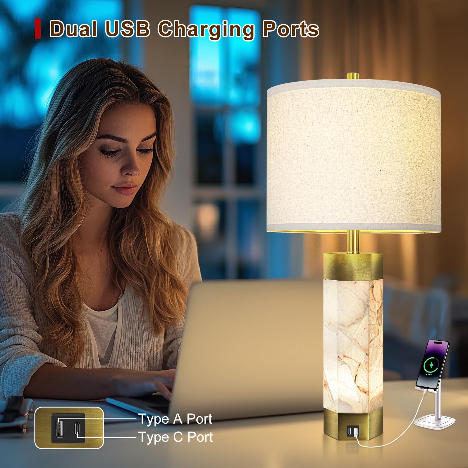 Natural Alabaster Table Lamps Set Of 2,Table Lamp With Night Light For Living Room,Nightstand Lamp With Usb Ports,Bedside Lamp W