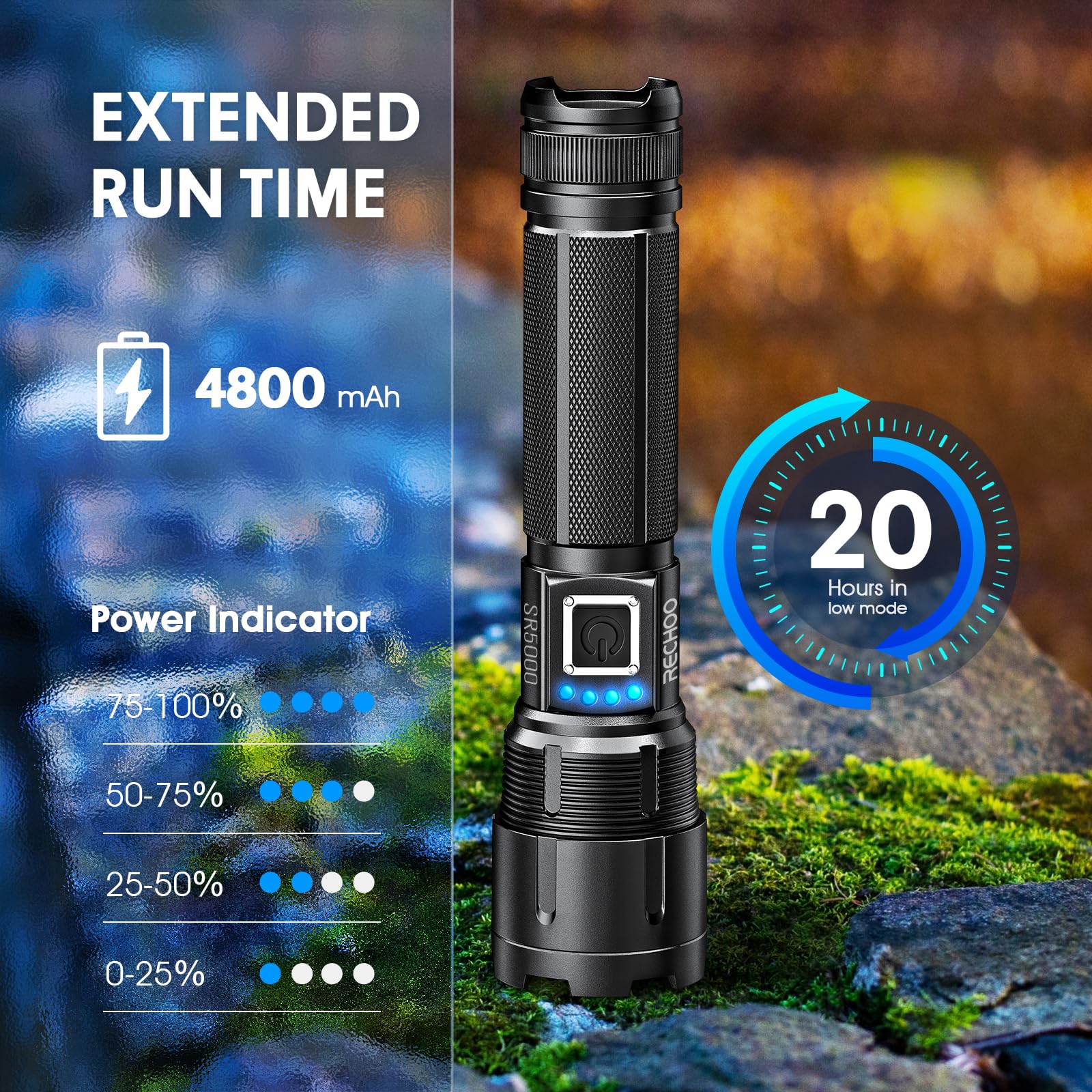 RECHOO Tactical Flashlight, 10000 Lumens, LED, Zoomable, IP65 Waterproof, Aluminum, Black, Model SR5000, 1 Pack