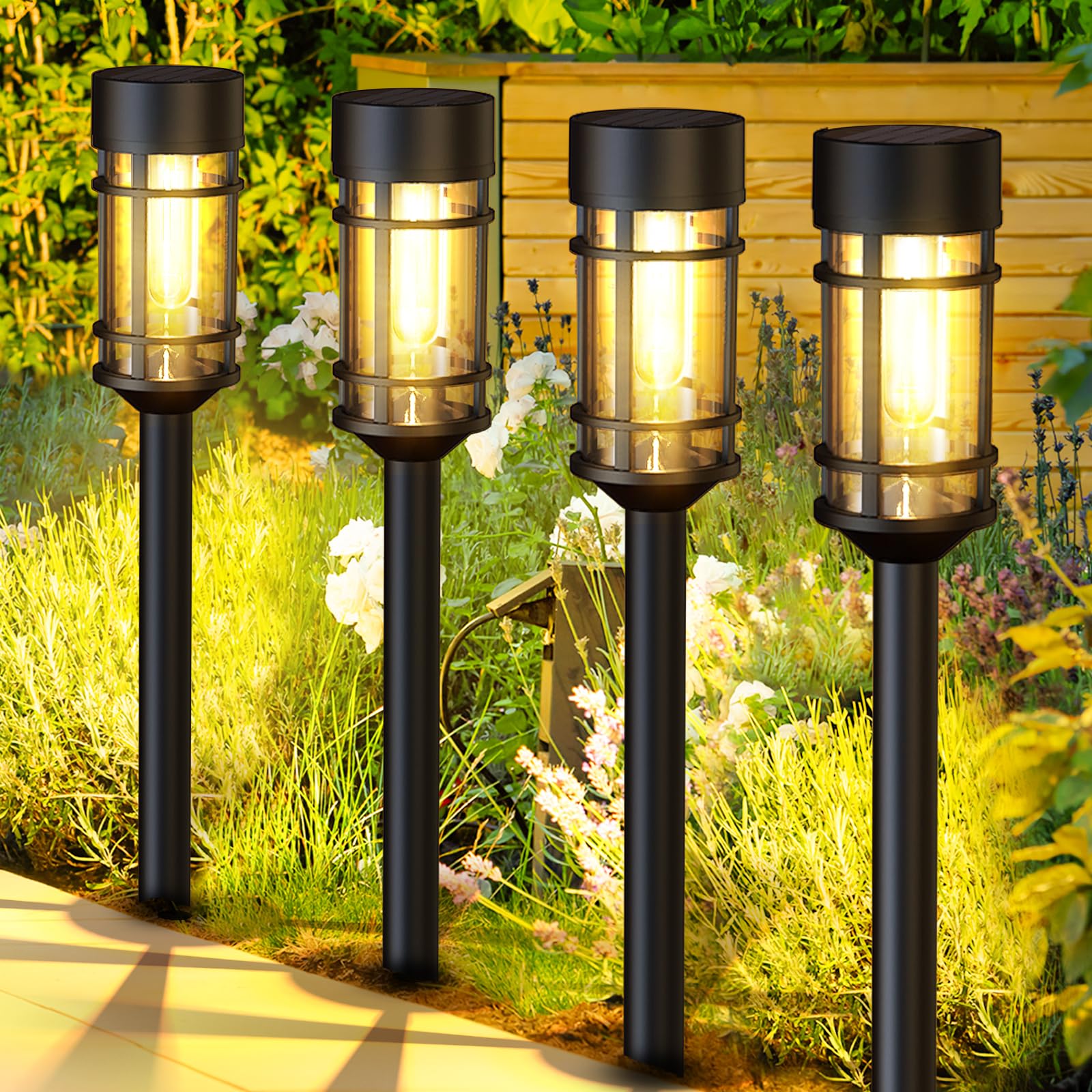 ILANCK Solar Pathway Lights 8 Pack, Waterproof IP65, LED Metal Garden Lights, Black, Model HNBRPL07B
