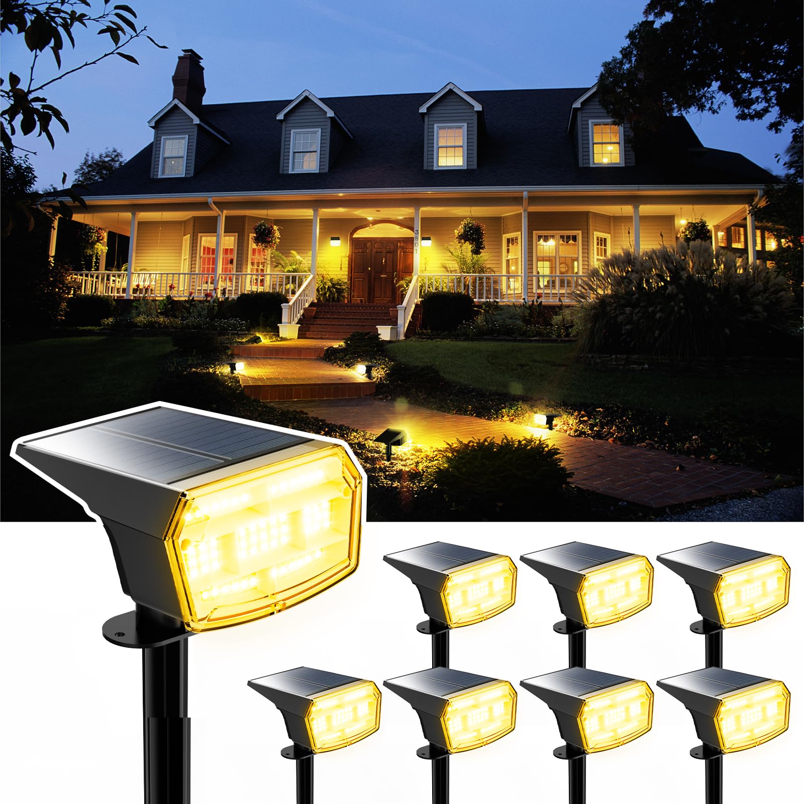 HIBOITEC Solar Spot Lights Outdoor Waterproof 59LED Landscape Lights Solar Powered Uplights Adjustable Brightness Dusk to Dawn for Outside Garden Yard Trees 8 Packs Warm White