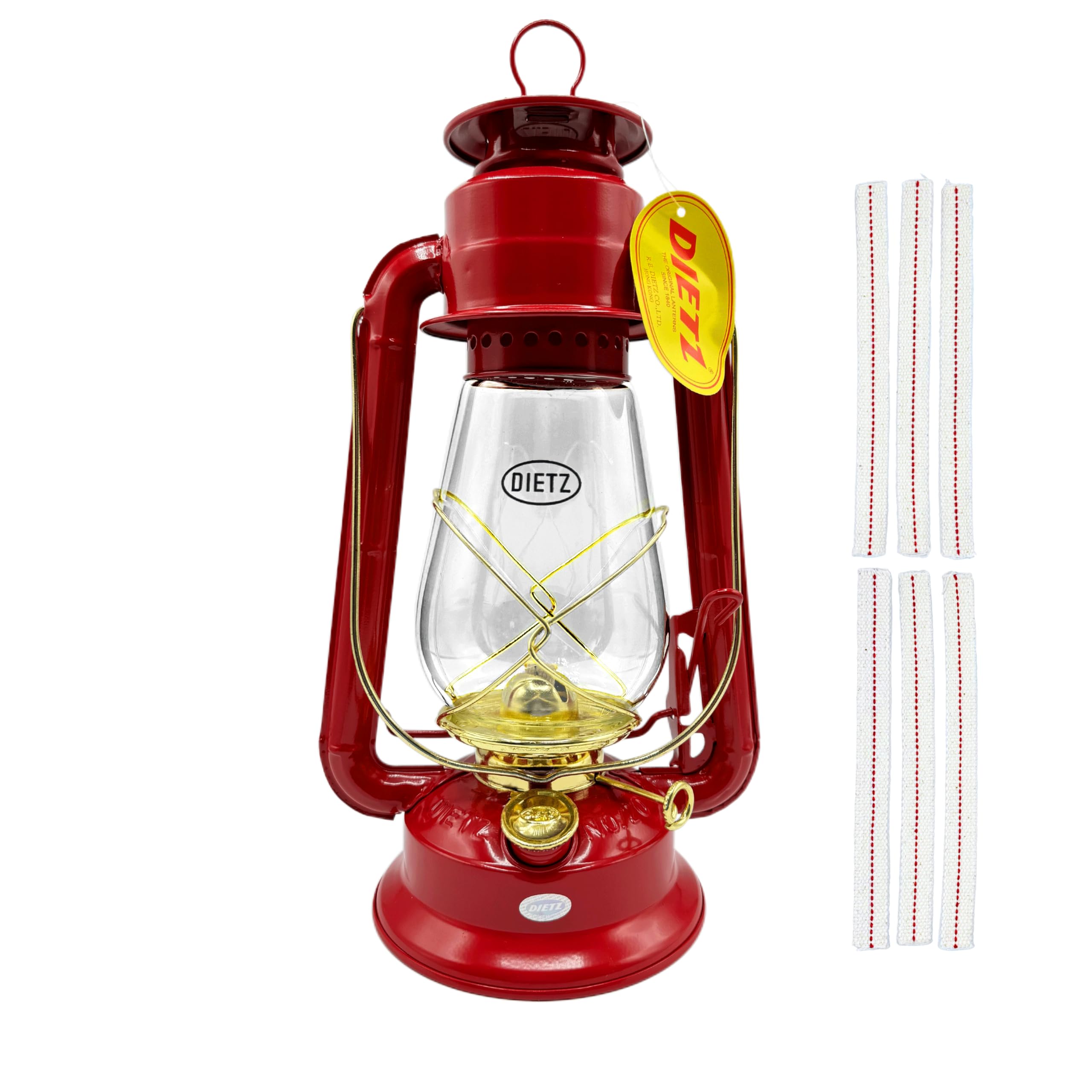 Light of Mine - Dietz #20 Junior Red with Gold Trim Oil Lantern with 100% Cotton 5/8 Replacement Wick Strips (Red with Gold Trim