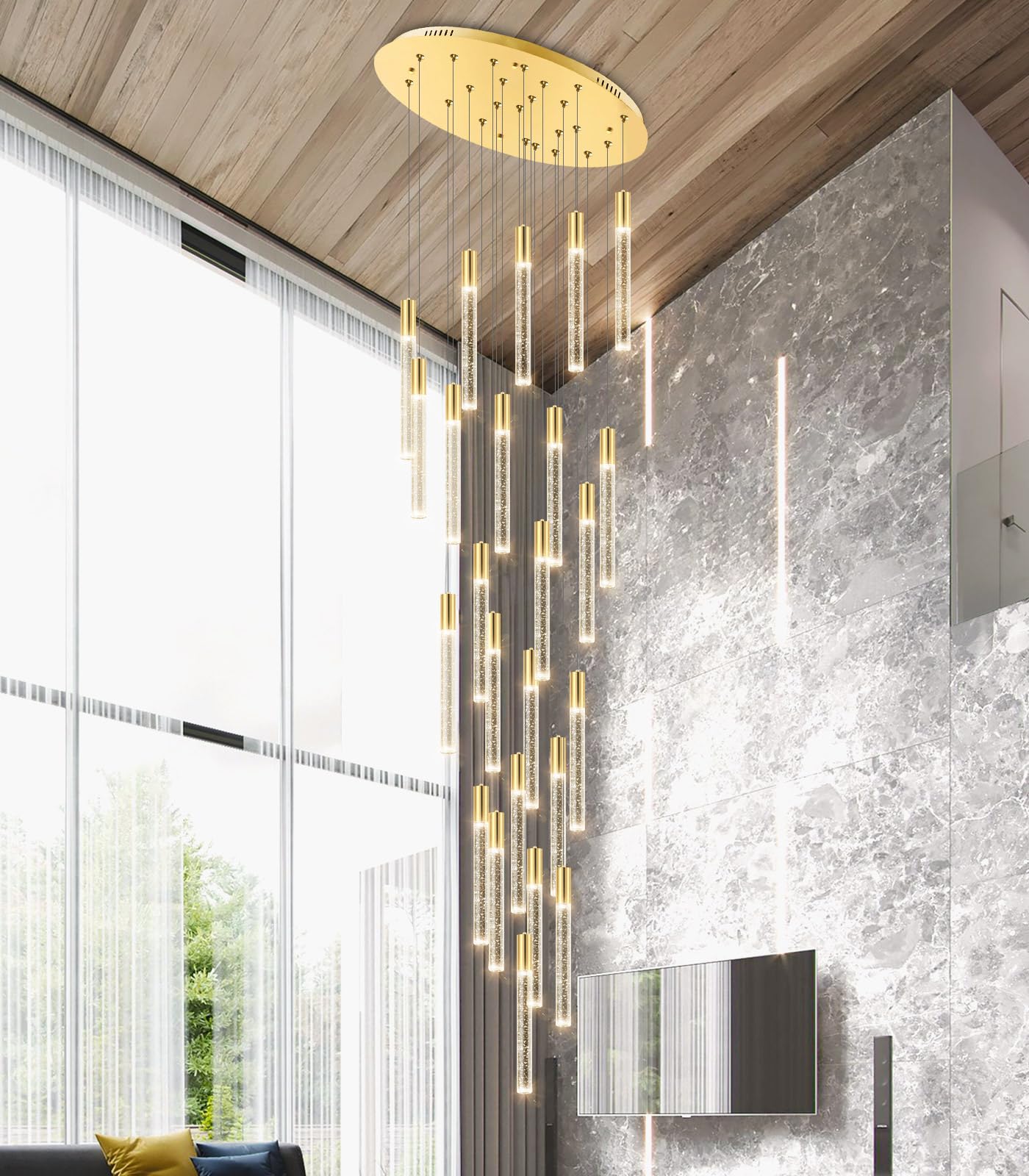 Haixiang 14.7 Foot High Ceiling Chandelier For Entryway Modern Crystal Lights For Living Room Foyer Flush Mount Sloping Ceiling