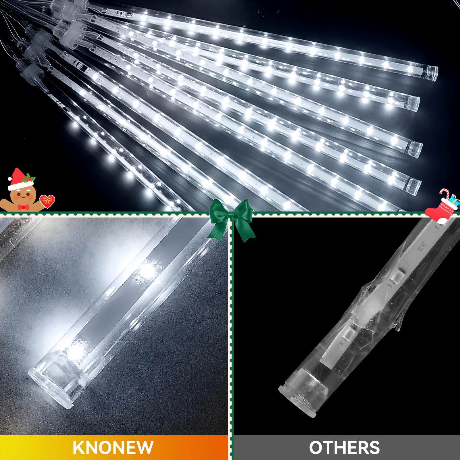 KNONEW 15in Outdoor Christmas Lights, 24 Tubes, 672 LED Cool White Meteor Shower Lights, Waterproof for Holiday Decorations