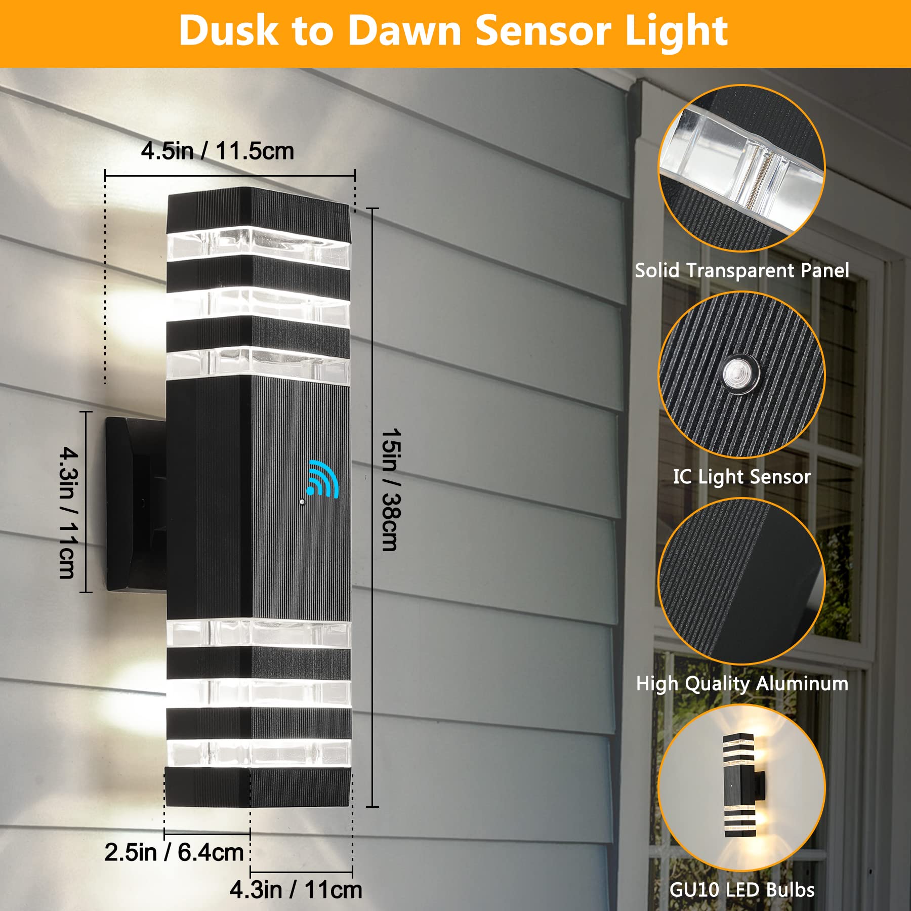 Tewei Outdoor Wall Lights, Dusk To Dawn Led Sconce, Ip65 Waterproof, 3000K Warm White, Black