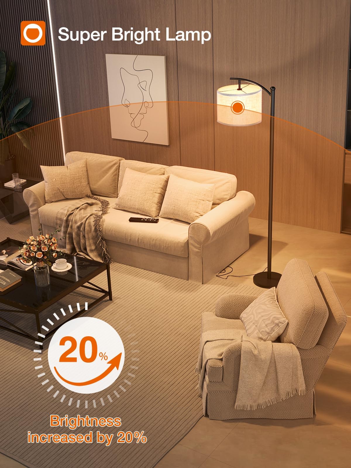 addlon Floor Lamp - Dimmable Remote Control Standing Lamp with Linen Shade, 9W LED Bulb Included, Black & Beige, Model YY-03
