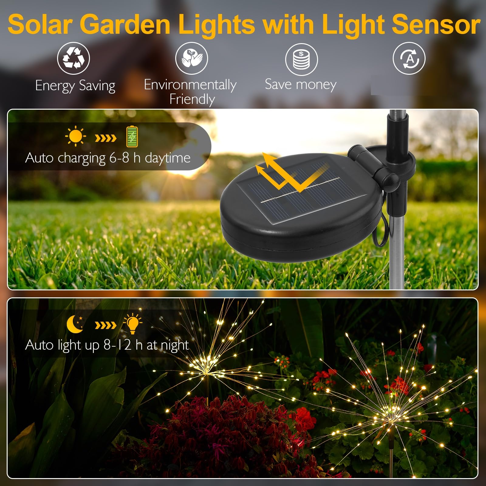 SUNNEST Solar Lights Outdoor, 150 LED Firework Light, Warm White, 2 Packs, Model DE-HY, Solar Garden Decor for Pathway and Patio