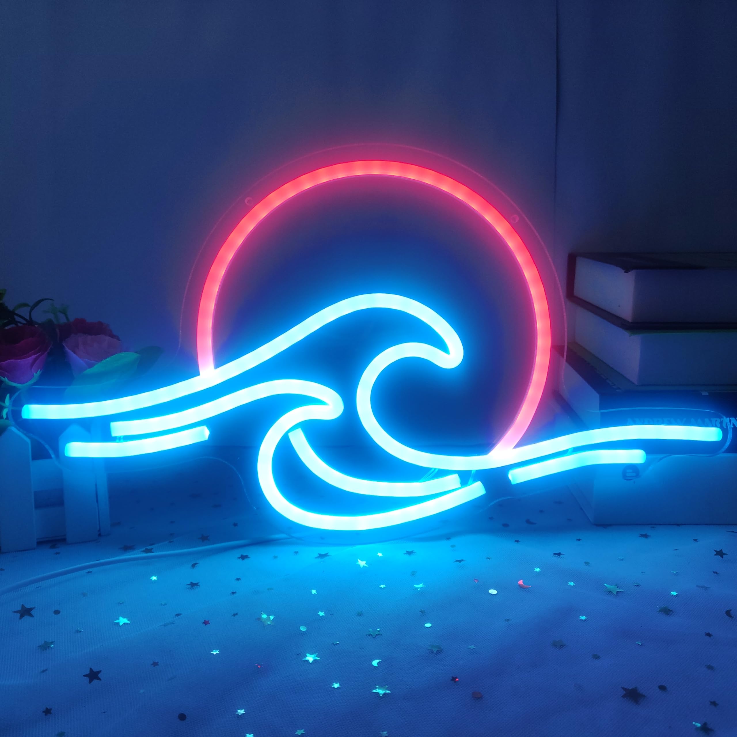 GMMLLG Neon Sign - Dimmable Wave Design, Tropical Decor, Ice Blue & Red, Acrylic Material, for Bedroom, Living Room, Office, and Parties