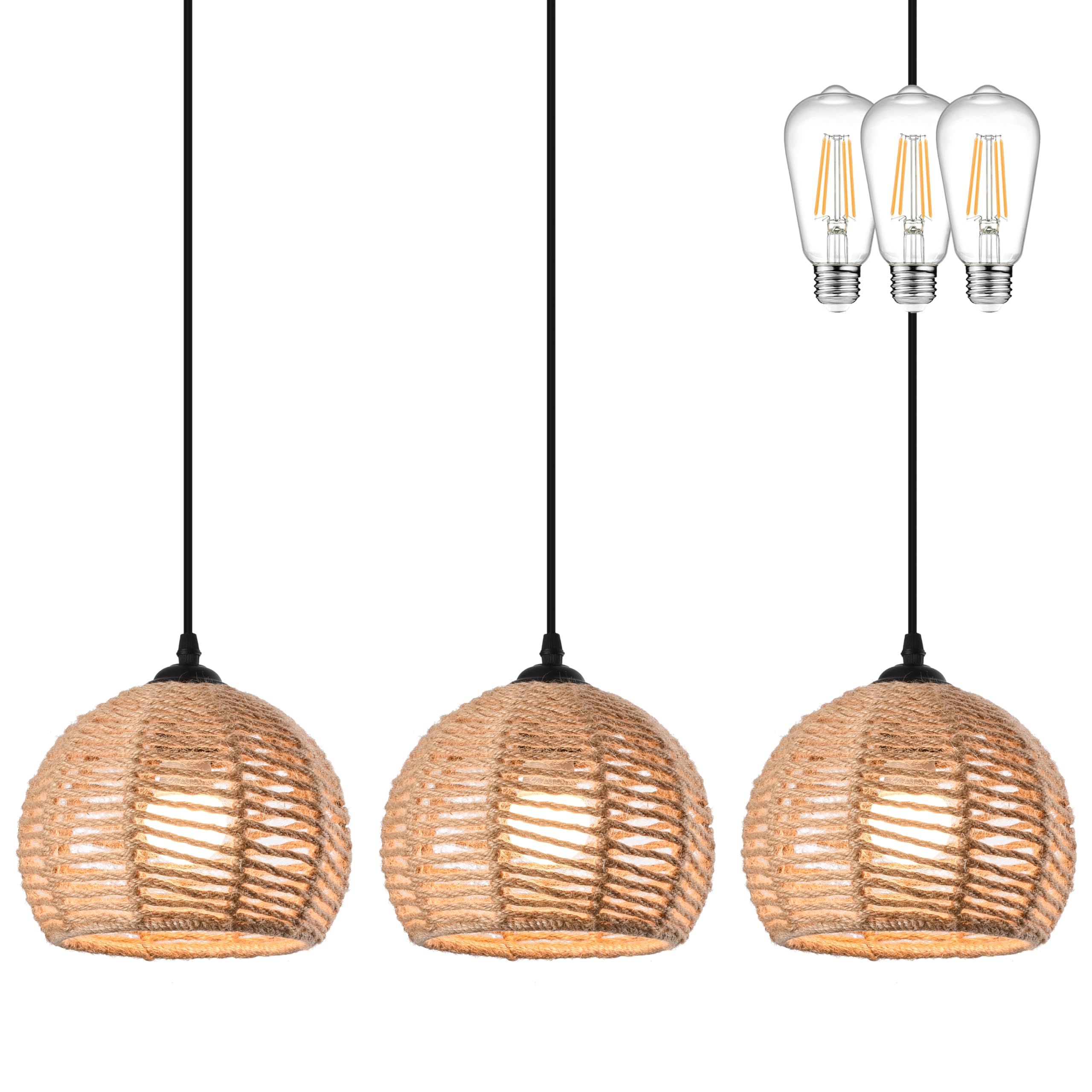 Ayshwilldec 3-Pack Woven Pendant Light, Boho Chandelier, Hemp Rope, Rustic For Dining Room & Kitchen