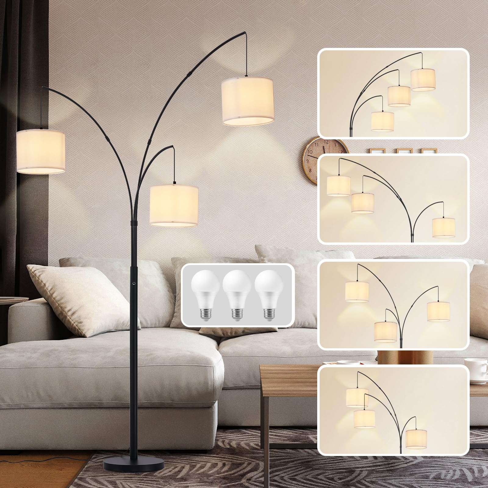 Dllt Modern Floor Lamp For Room: 3-Light Black Tree Dimmable Floor Lamps With White Shades For Living Room - Arc Standing Lamp F