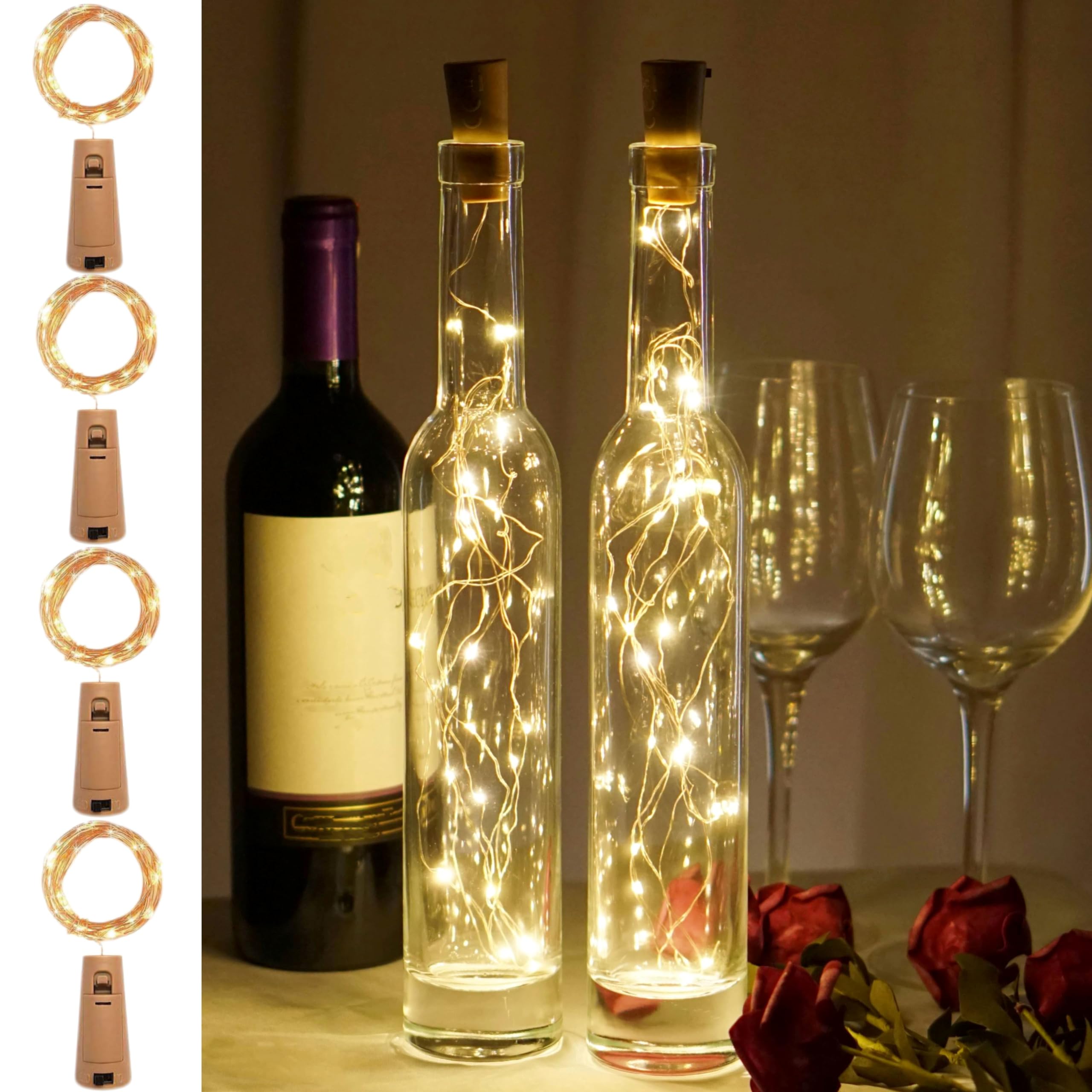 DOMORA HOME Wine Bottle Lights 20 LEDs Cork Lights Waterproof Battery (Included) Operated Fairy Mini String Lights for DIY Jar Indoor Bedroom Party Wedding Christmas Decor Pack of 4(Warm White)