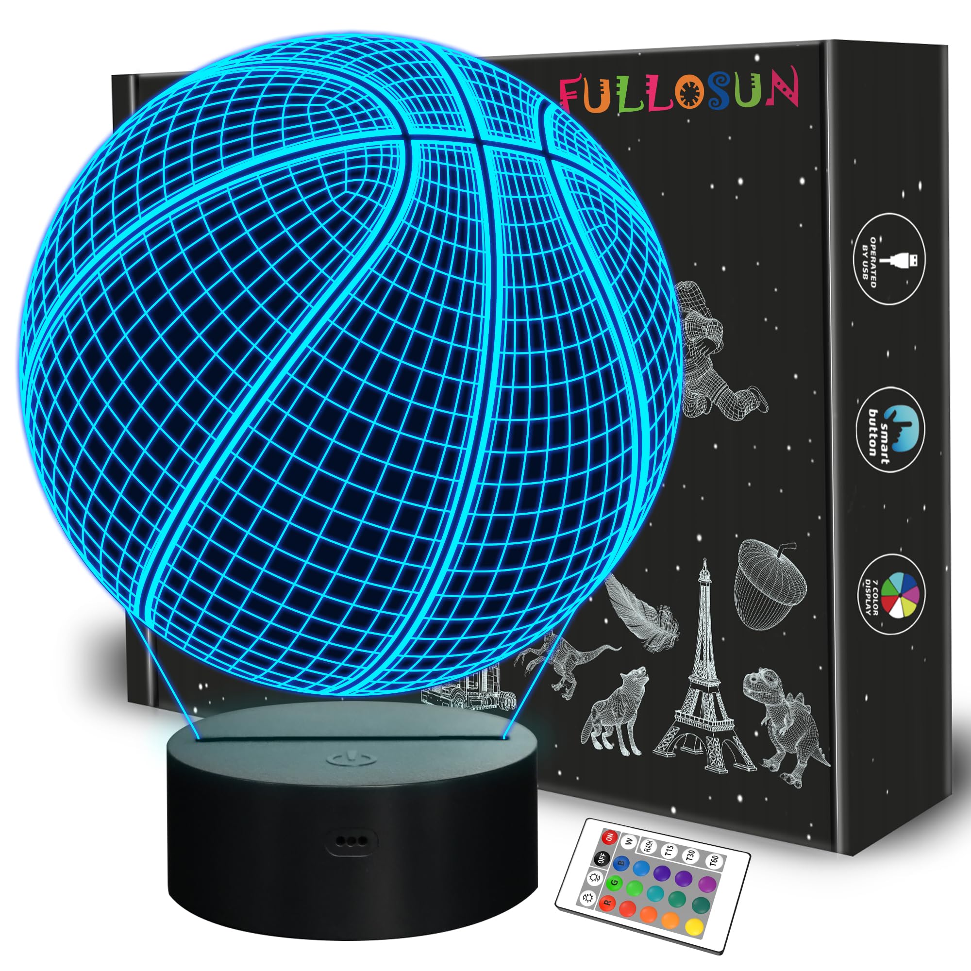 Fullosun 3D Basketball Night Light With Remote, 16 Colors - Perfect Gift For Sports Fans