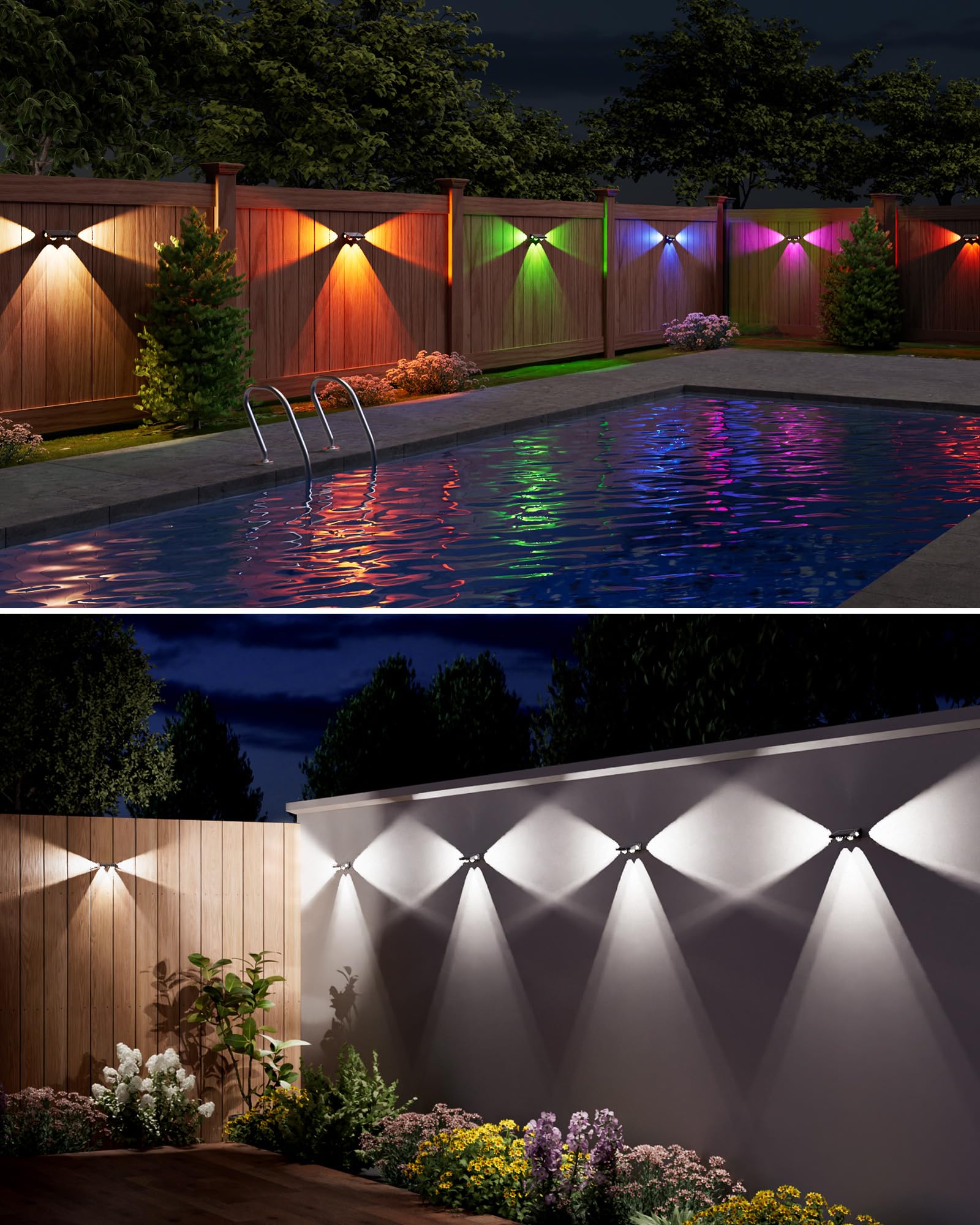Jackyled Solar Fence Lights 12 Pack  Outdoor Waterproof Led Light Solar Powered 10 Modes Rgb Color Changing/Warm White  3-Way Lensed Lighting For Deck Railing Backyard Wall
