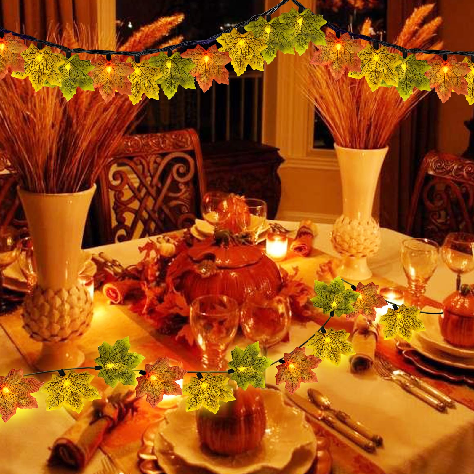 Fall Decor Multicolored Maple Leaf String Lights, 13.6Ft Led Thanksgiving Decorations Lights With 35 Maple Leaves Lights, Plug In Fall Leaf Garland Lights For Indoor Outdoor Halloween Fall Party Home