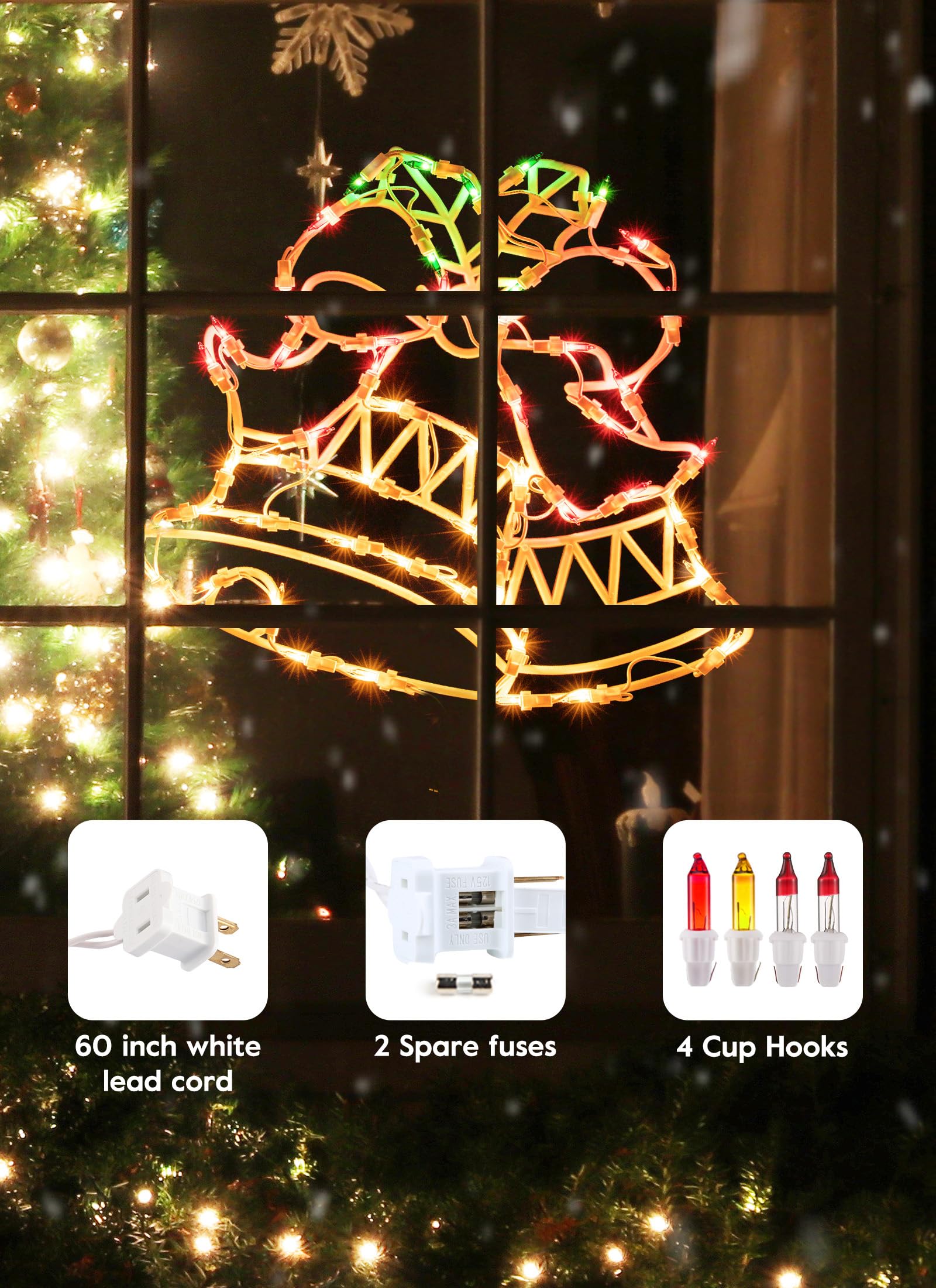 Minetom Christmas Window Silhouette Lights - 4-Pack Decor with White Lighted Deer, Trees, Bell, Star - Model 39134